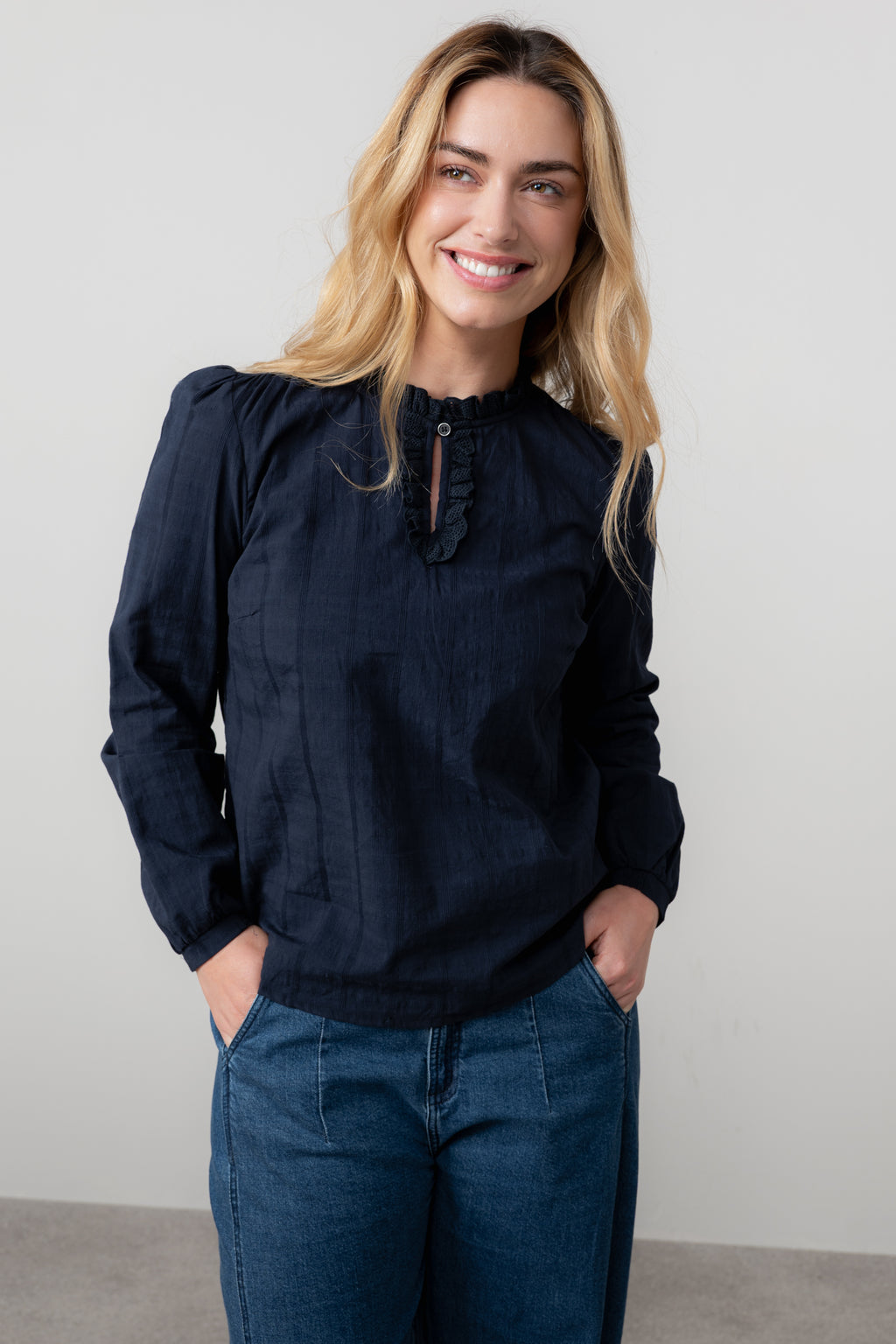 Lily & Me Patsy Organic Cotton Check Keyhole Blouse Navy