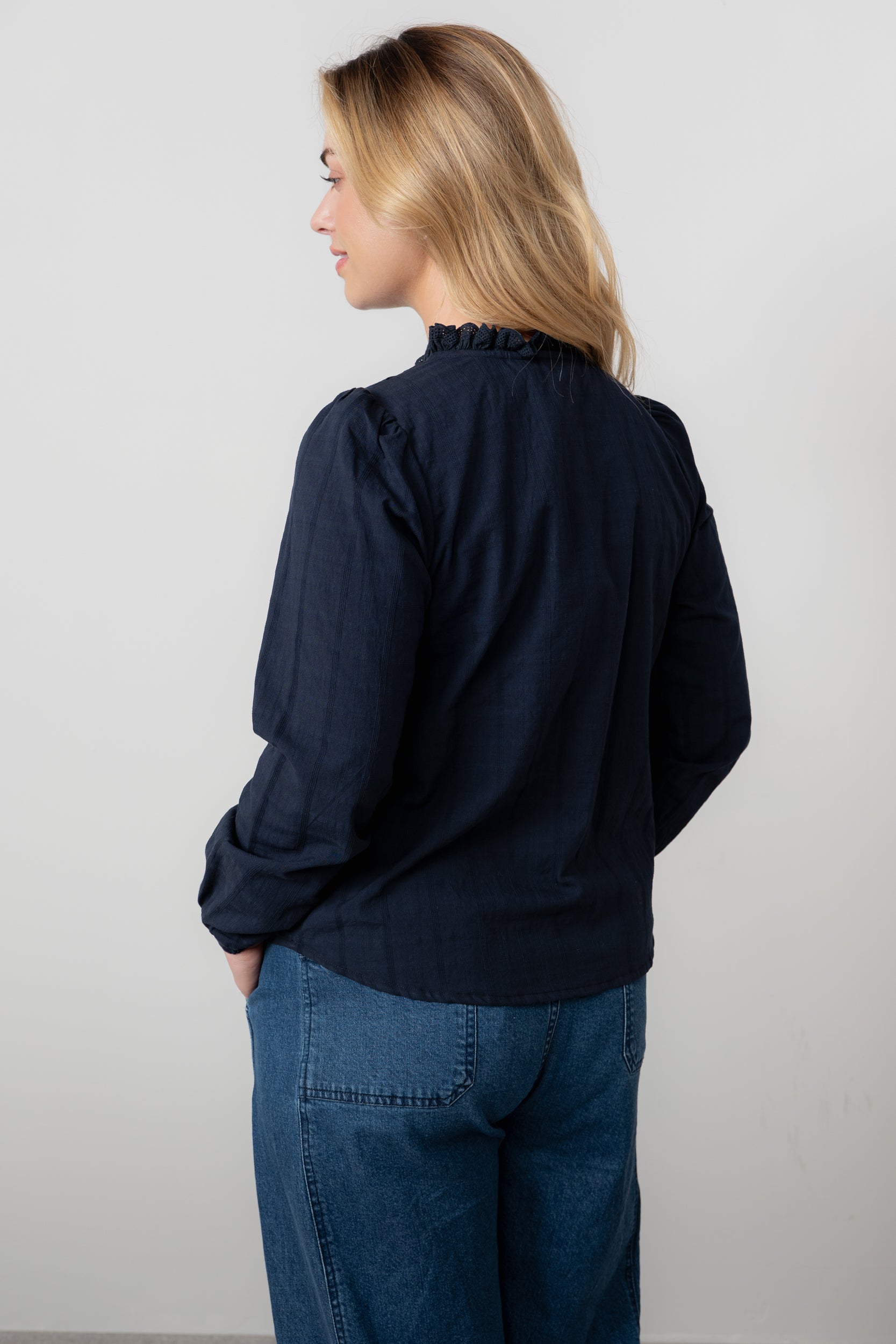 Lily & Me Patsy Organic Cotton Check Keyhole Blouse Navy