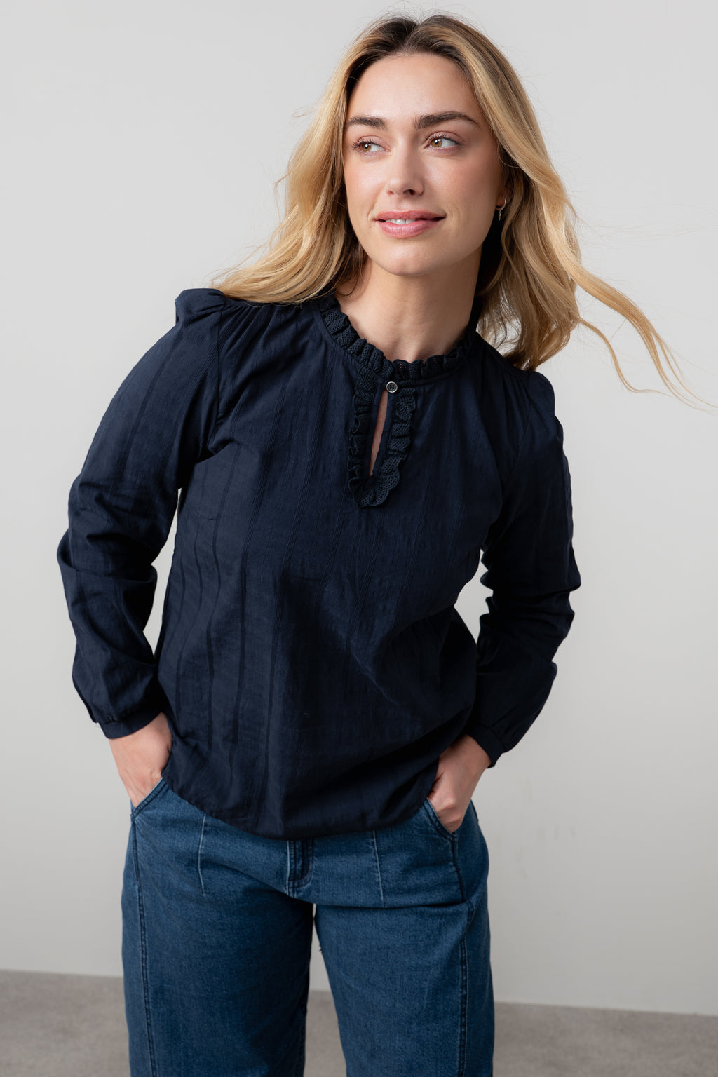 Lily & Me Patsy Organic Cotton Check Keyhole Blouse Navy