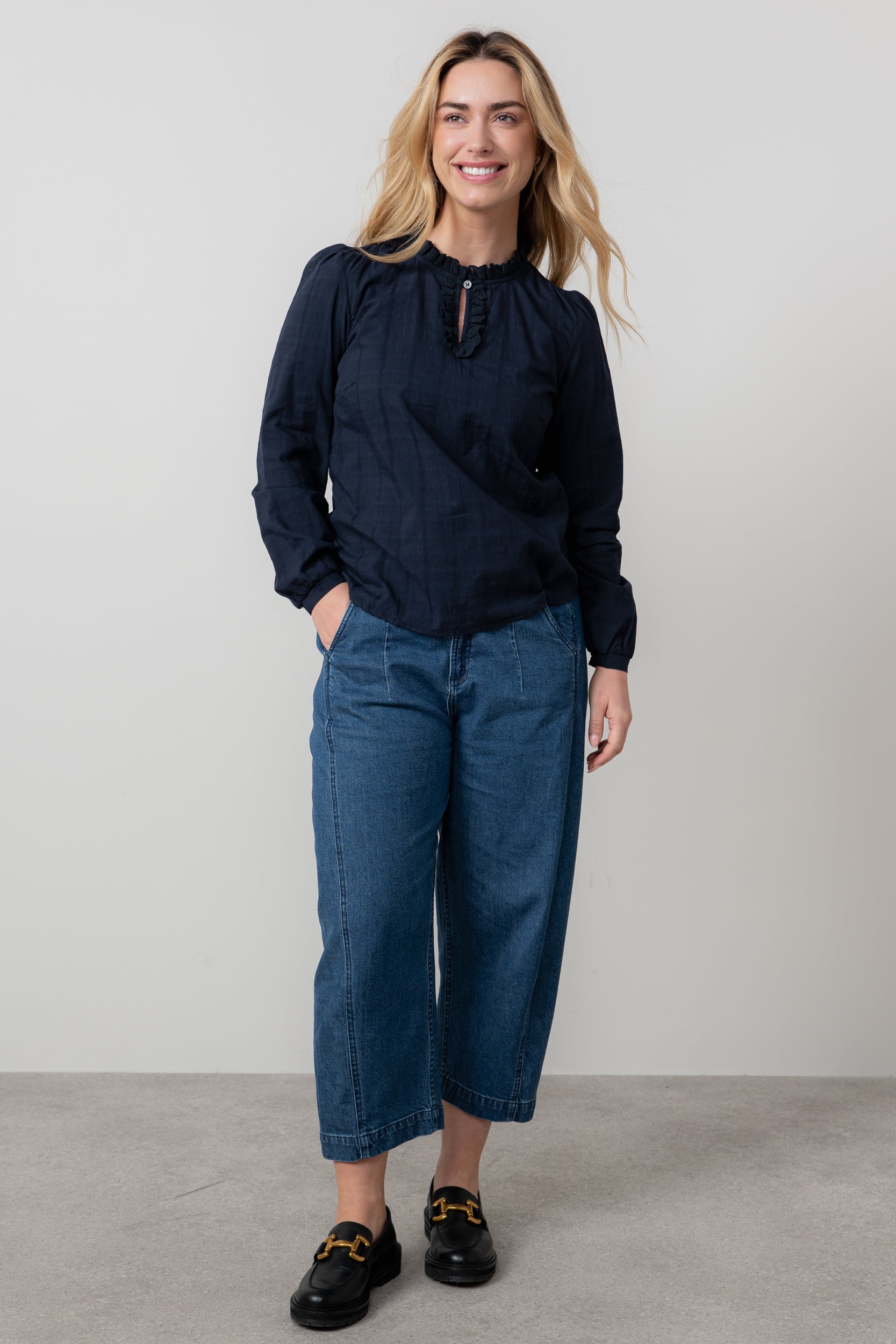 Lily & Me Patsy Organic Cotton Check Keyhole Blouse Navy