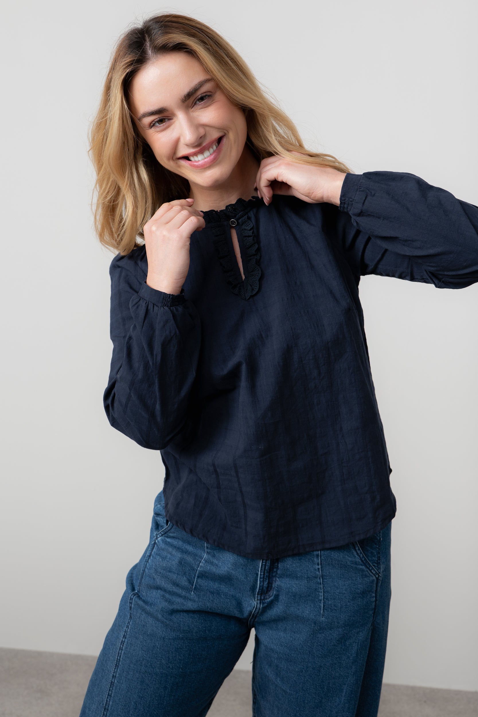 Lily & Me Patsy Organic Cotton Check Keyhole Blouse Navy