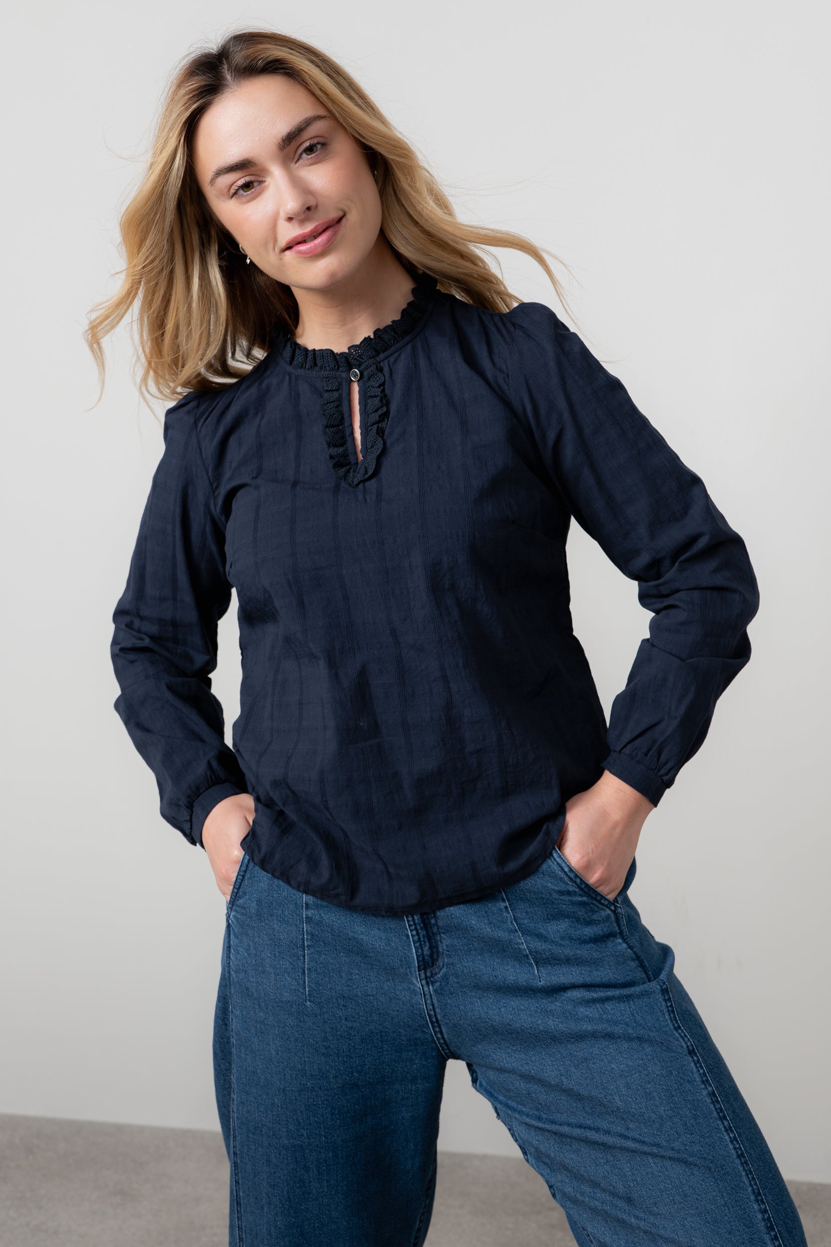Lily & Me Patsy Organic Cotton Check Keyhole Blouse Navy
