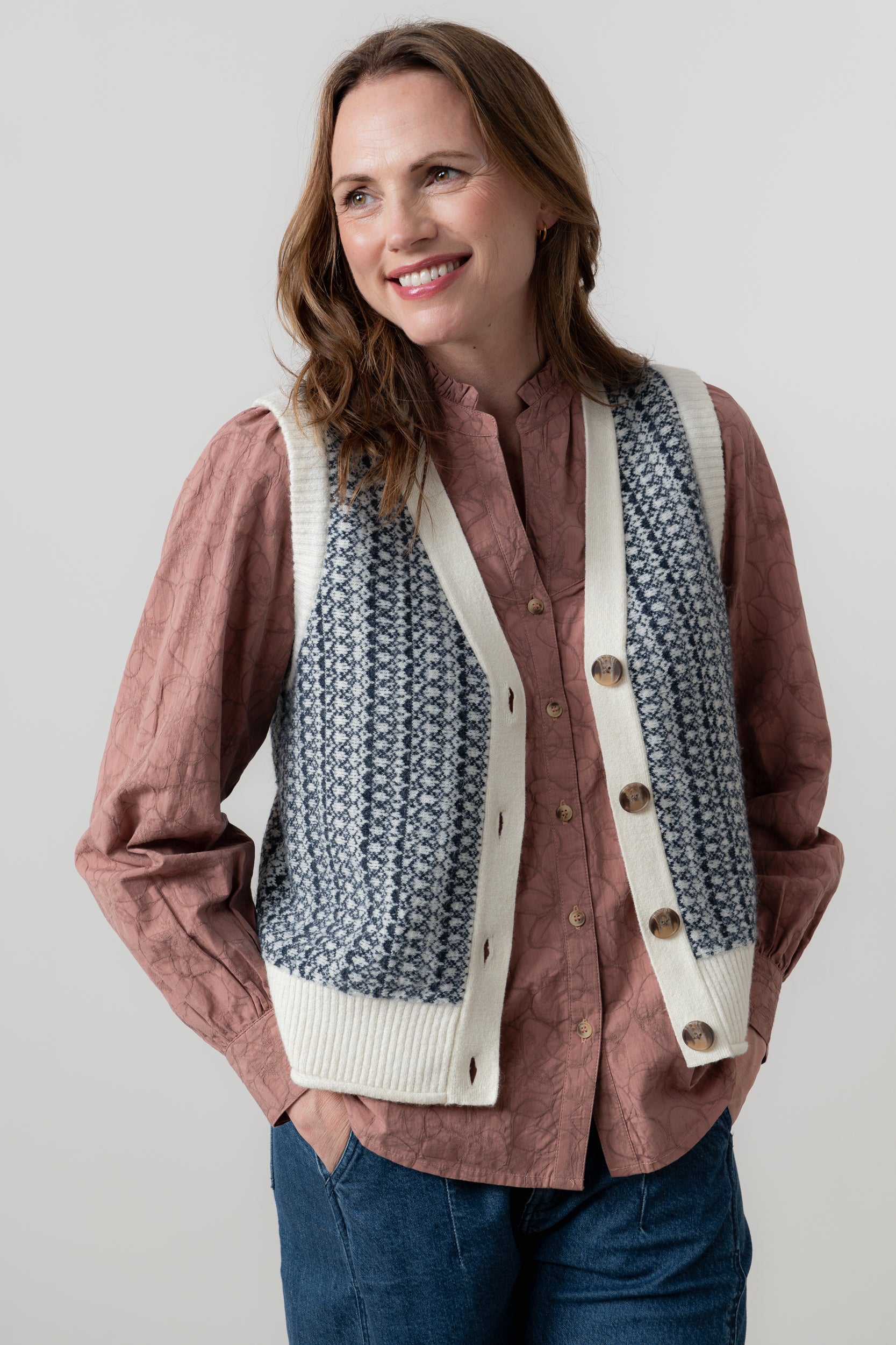 Lily & Me Gwyneth Fair Isle Sleeveless Cardigan Ecru