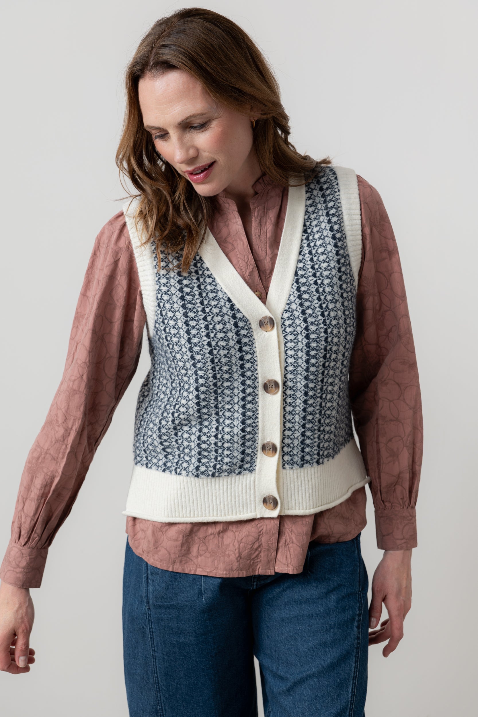 Lily & Me Gwyneth Fair Isle Sleeveless Cardigan Ecru