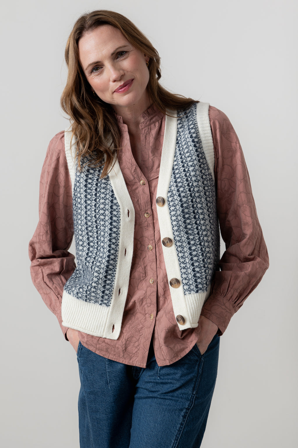 Lily & Me Gwyneth Fair Isle Sleeveless Cardigan Ecru