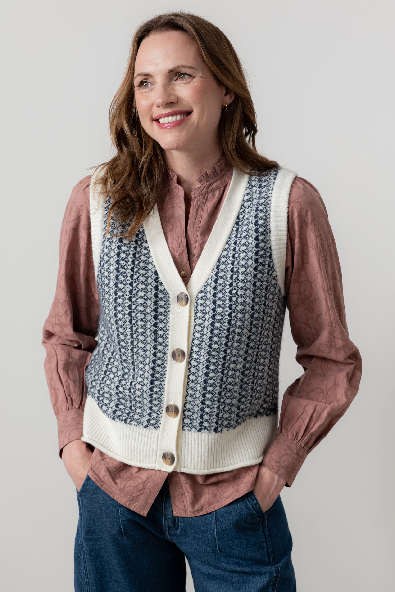 Lily & Me Gwyneth Fair Isle Sleeveless Cardigan Ecru