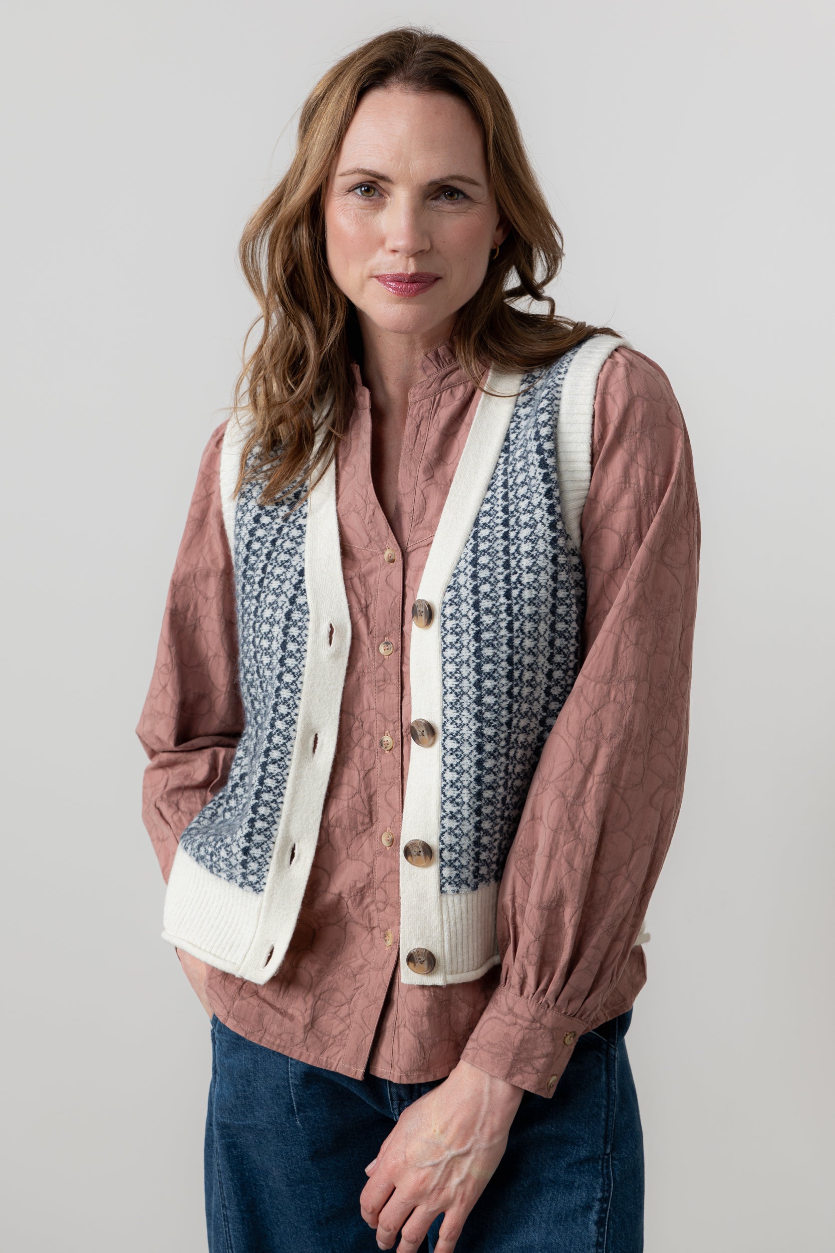 Lily & Me Gwyneth Fair Isle Sleeveless Cardigan Ecru