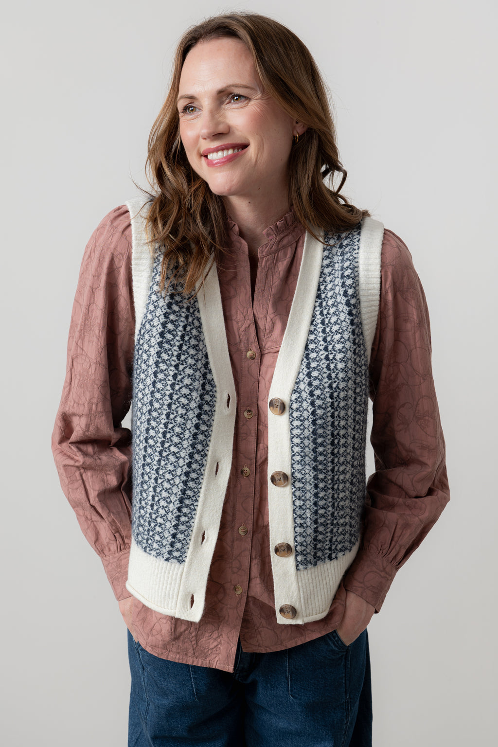 Lily & Me Gwyneth Fair Isle Sleeveless Cardigan Ecru