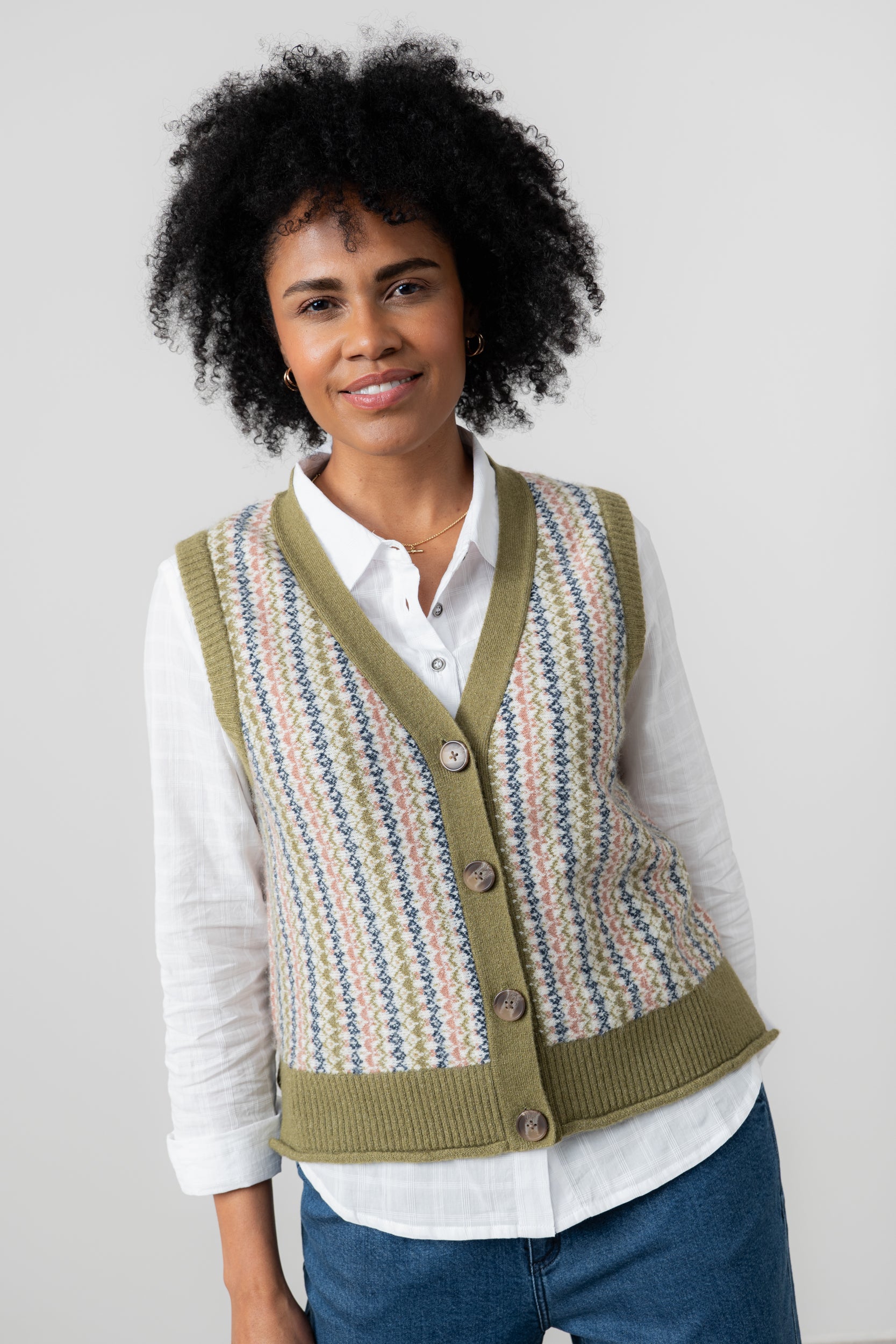 Lily & Me Gwyneth Fair Isle Sleeveless Cardigan Moss