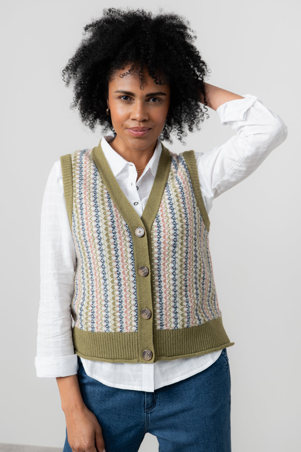Lily & Me Gwyneth Fair Isle Sleeveless Cardigan Moss