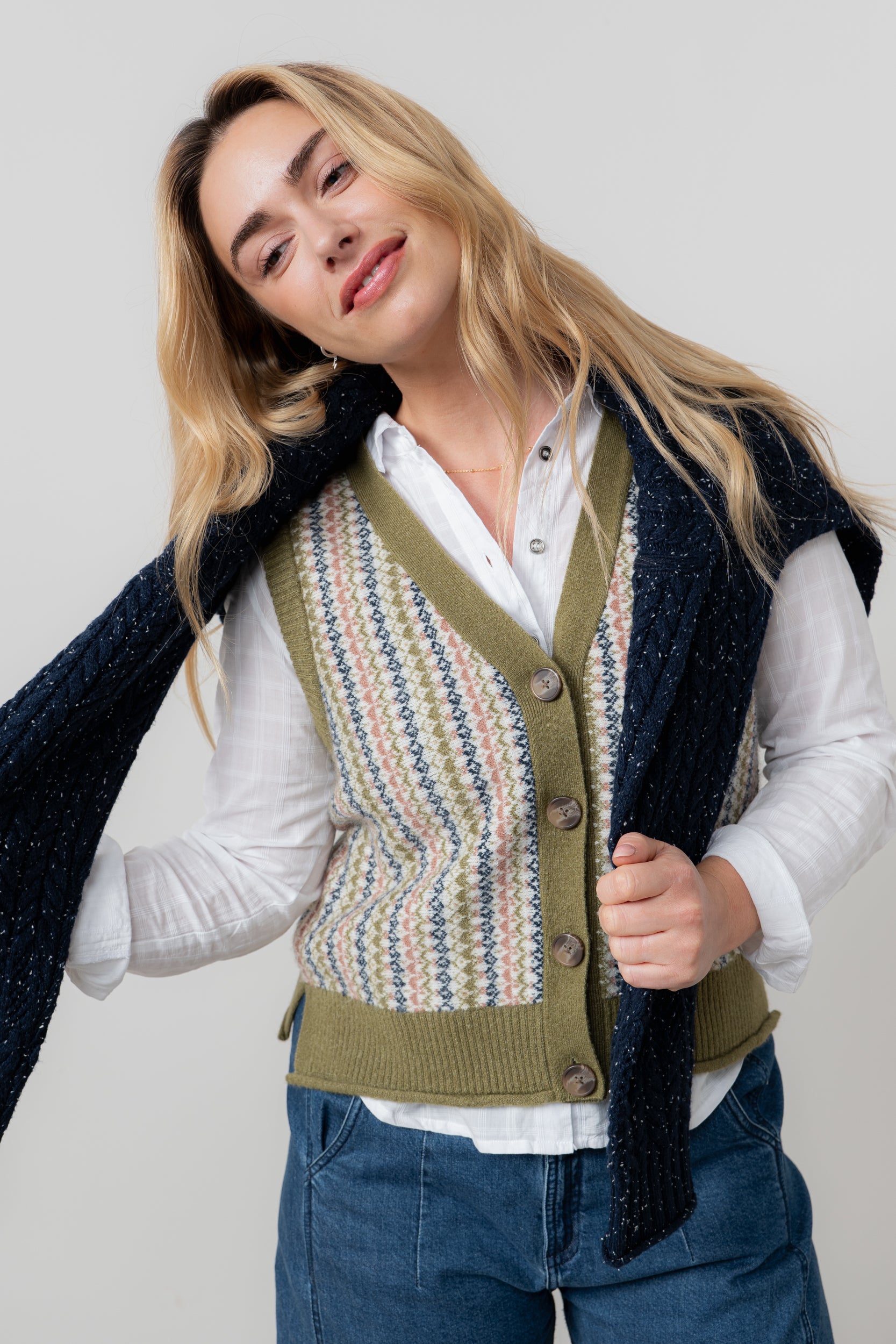 Lily & Me Gwyneth Fair Isle Sleeveless Cardigan Moss