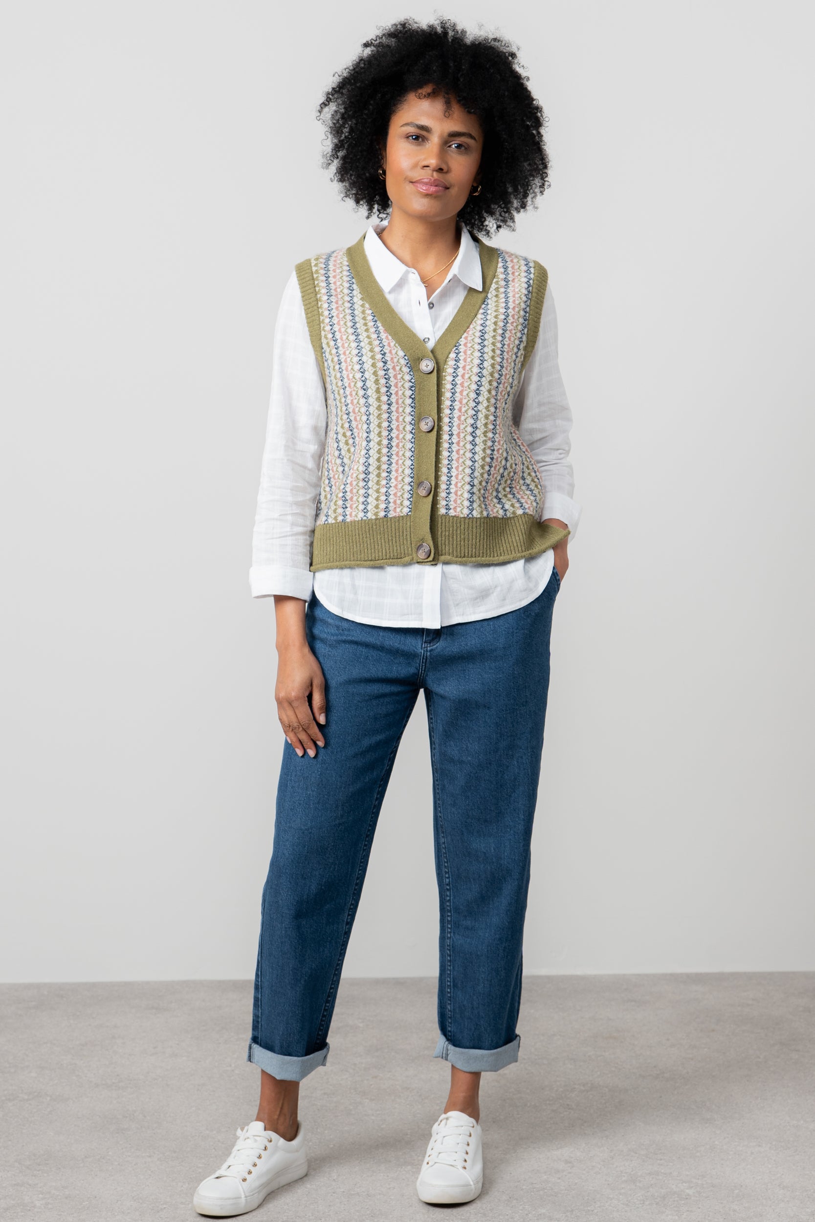 Lily & Me Gwyneth Fair Isle Sleeveless Cardigan Moss