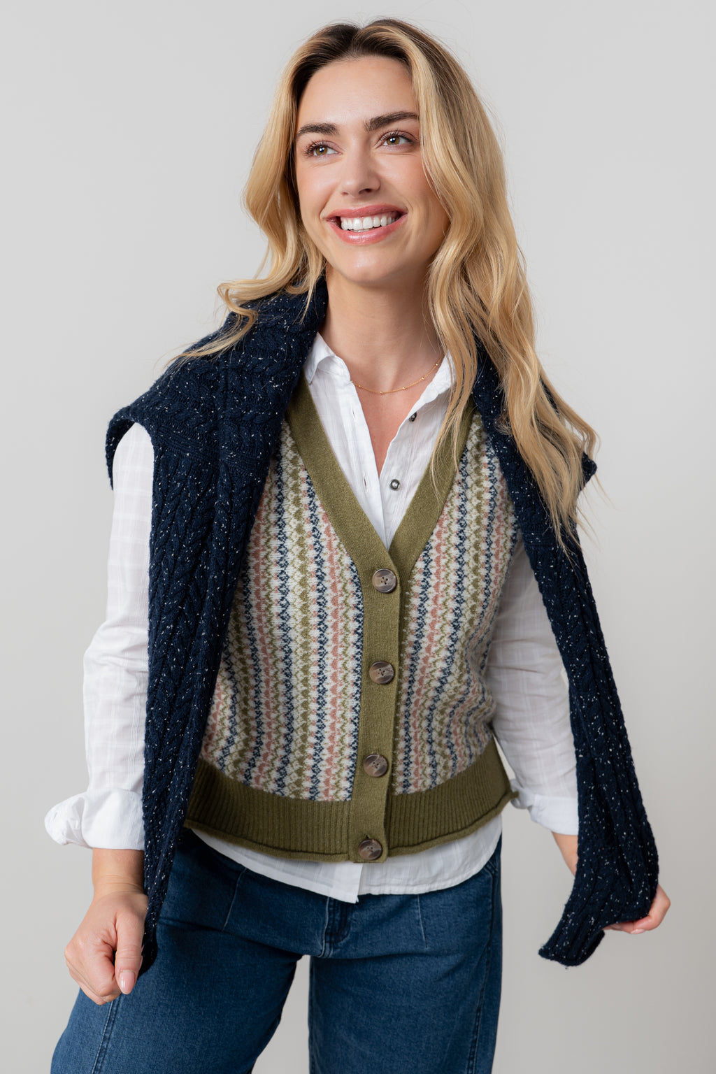 Lily & Me Gwyneth Fair Isle Sleeveless Cardigan Moss
