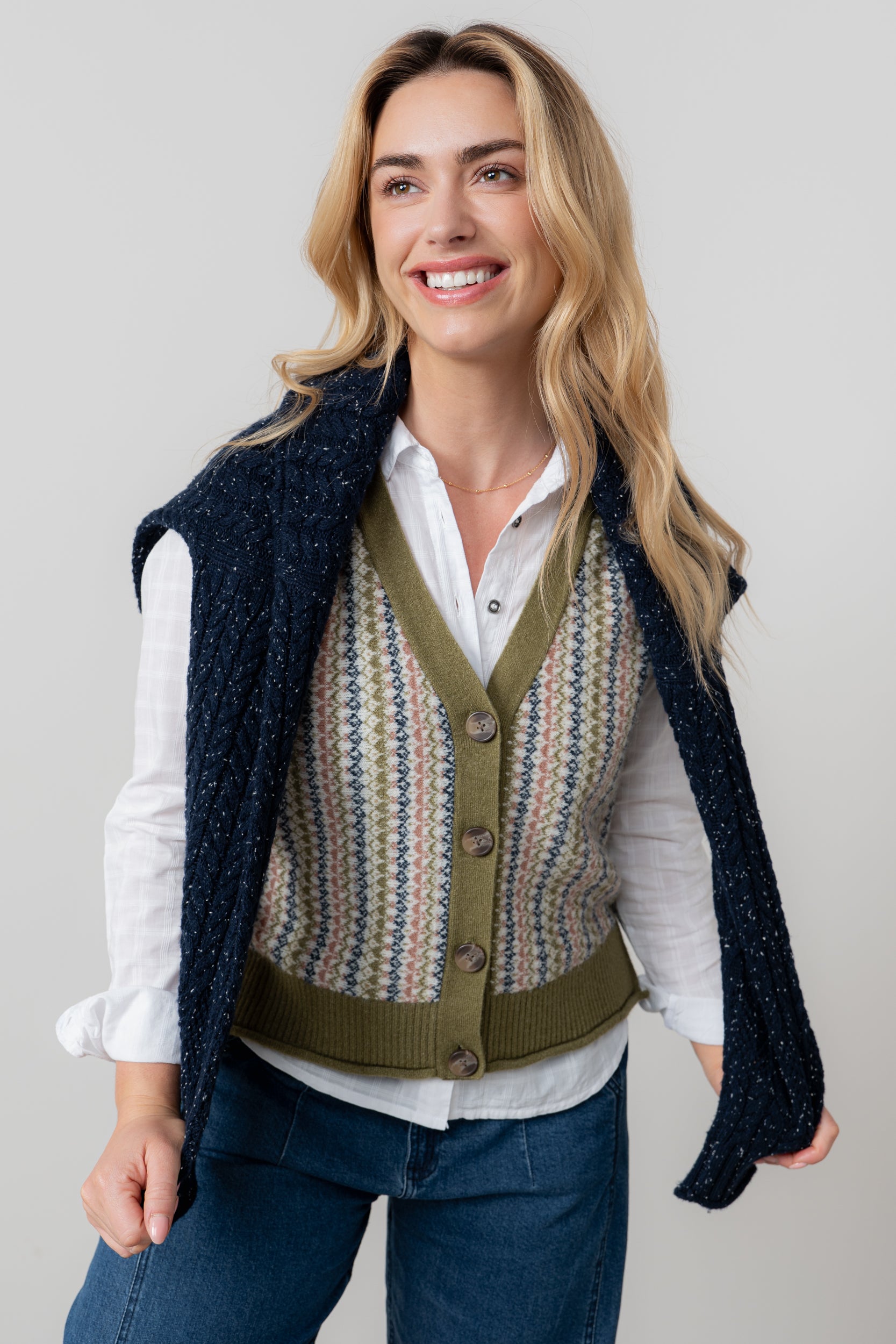 Lily & Me Gwyneth Fair Isle Sleeveless Cardigan Moss