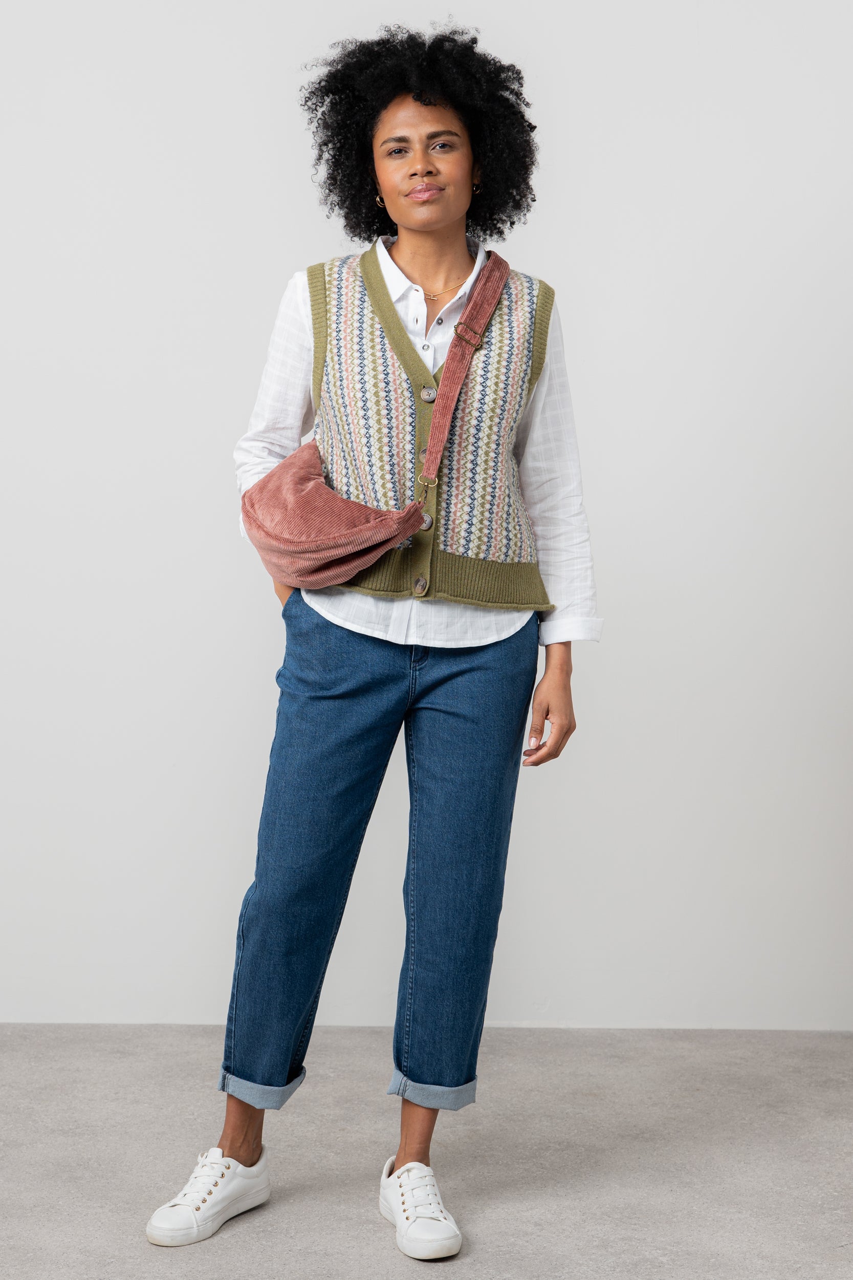 Lily & Me Gwyneth Fair Isle Sleeveless Cardigan Moss