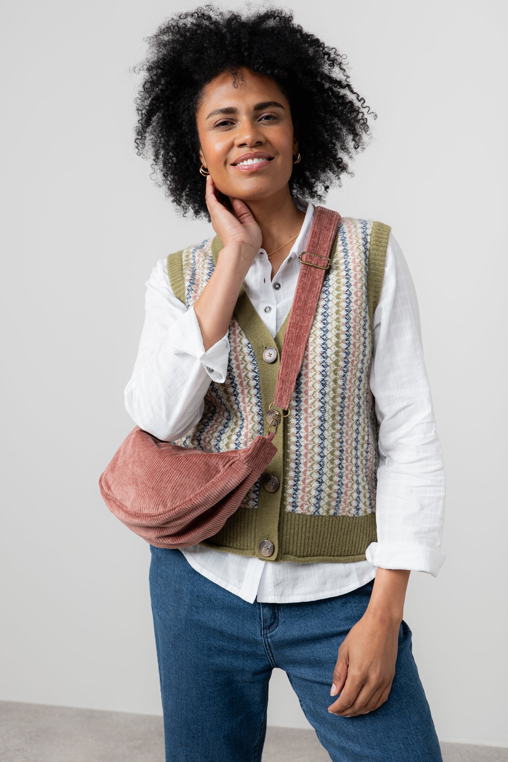 Lily & Me Gwyneth Fair Isle Sleeveless Cardigan Moss