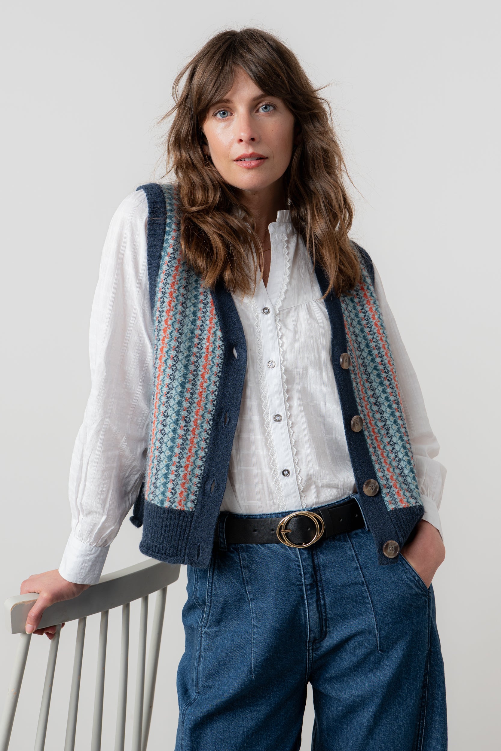Lily & Me Gwyneth Fair Isle Sleeveless Cardigan Teal