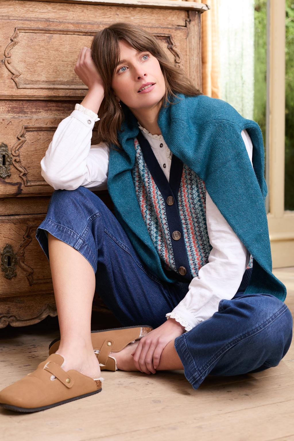 Lily & Me Gwyneth Fair Isle Sleeveless Cardigan Teal