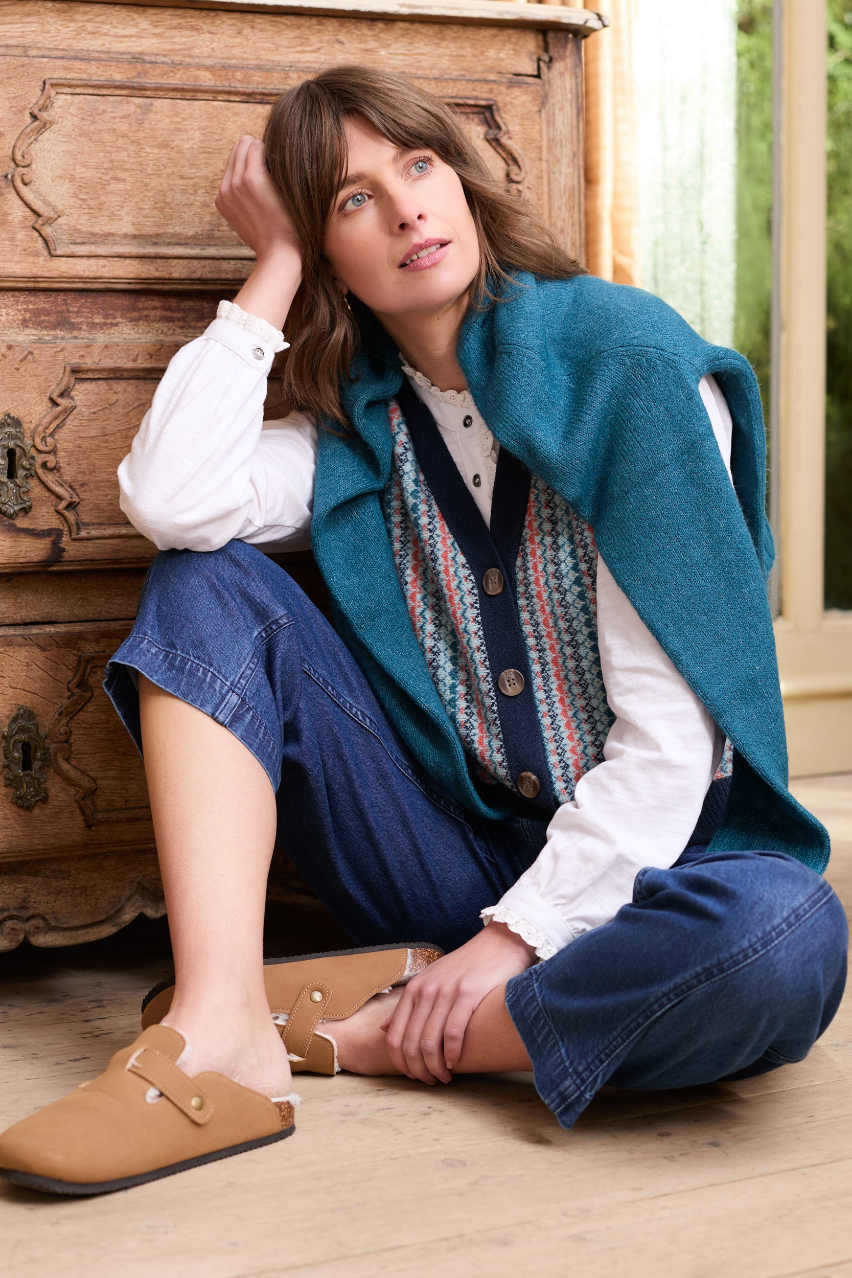 Lily & Me Gwyneth Fair Isle Sleeveless Cardigan Teal