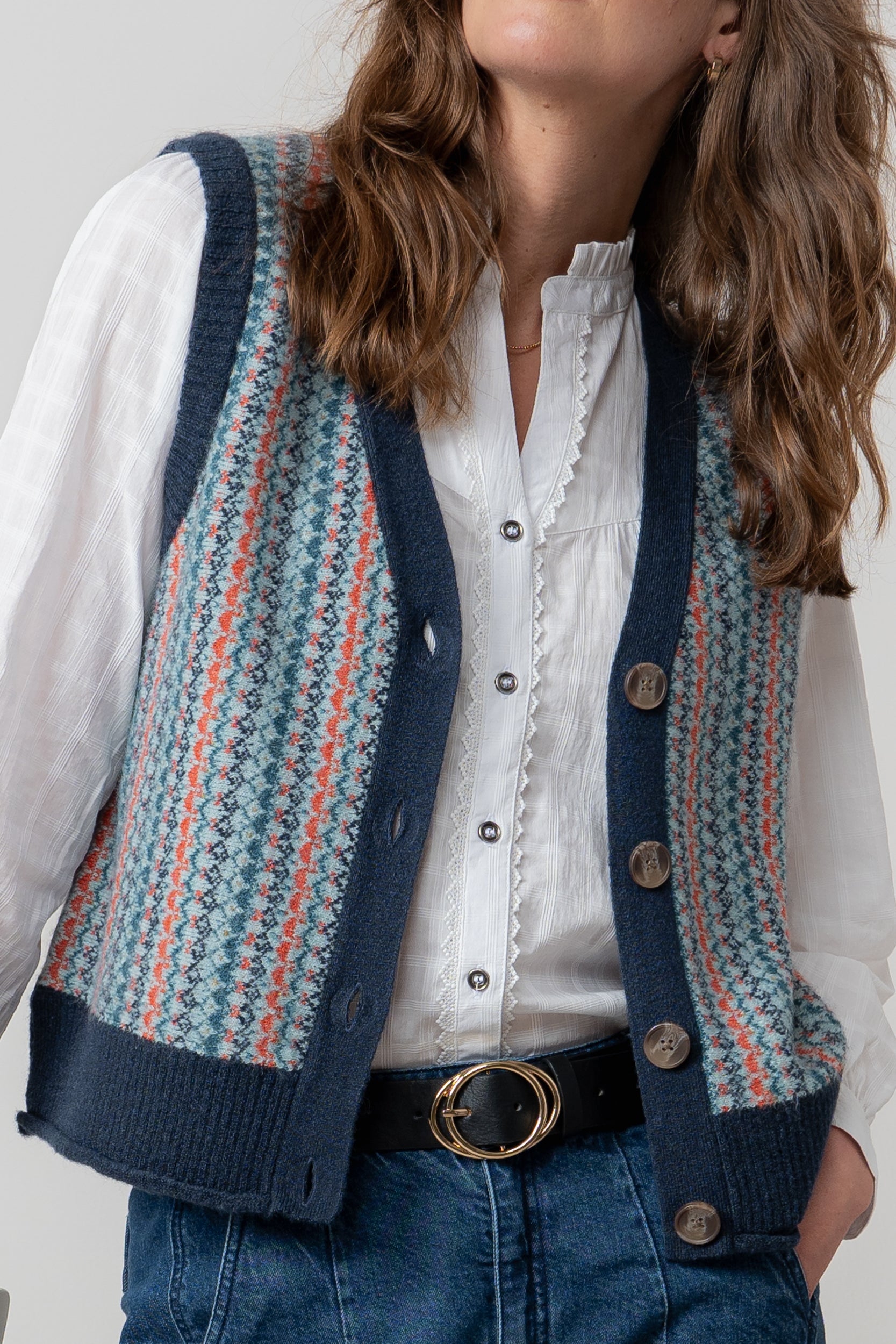 Lily & Me Gwyneth Fair Isle Sleeveless Cardigan Teal