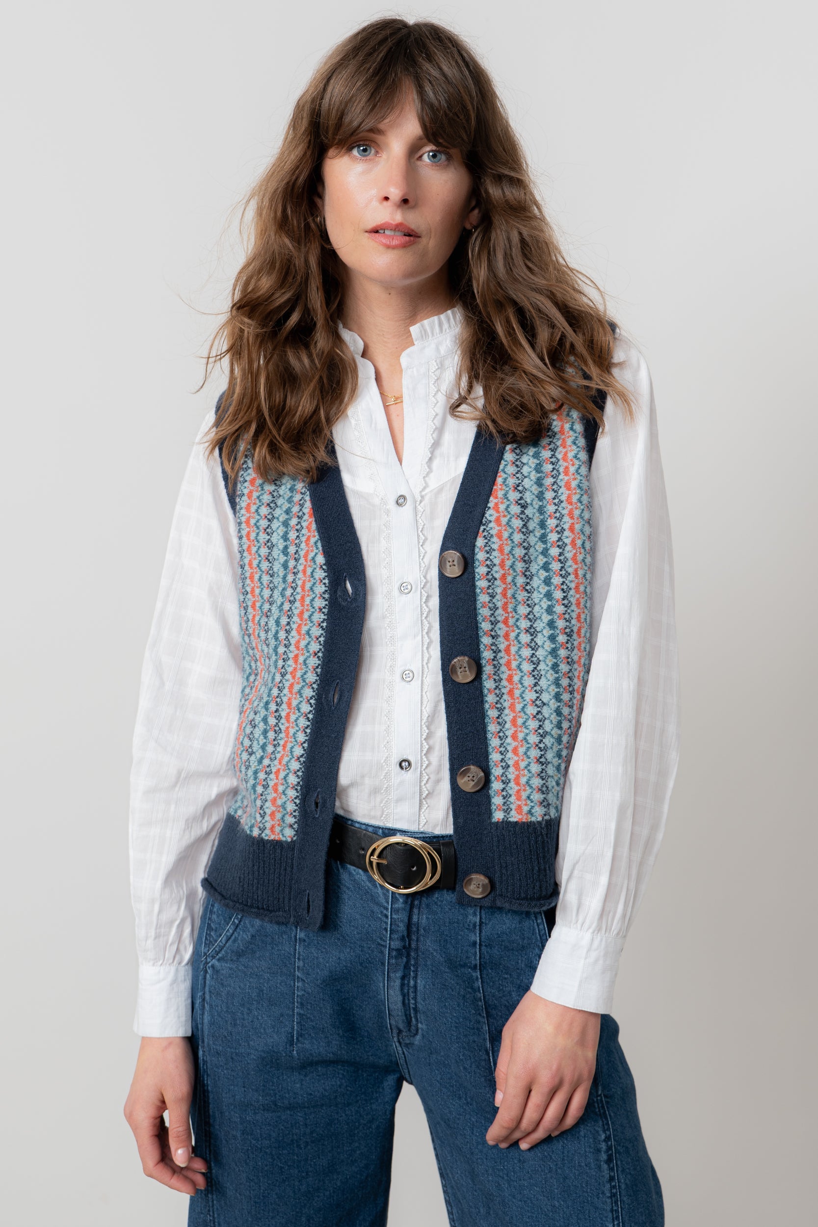 Lily & Me Gwyneth Fair Isle Sleeveless Cardigan Teal