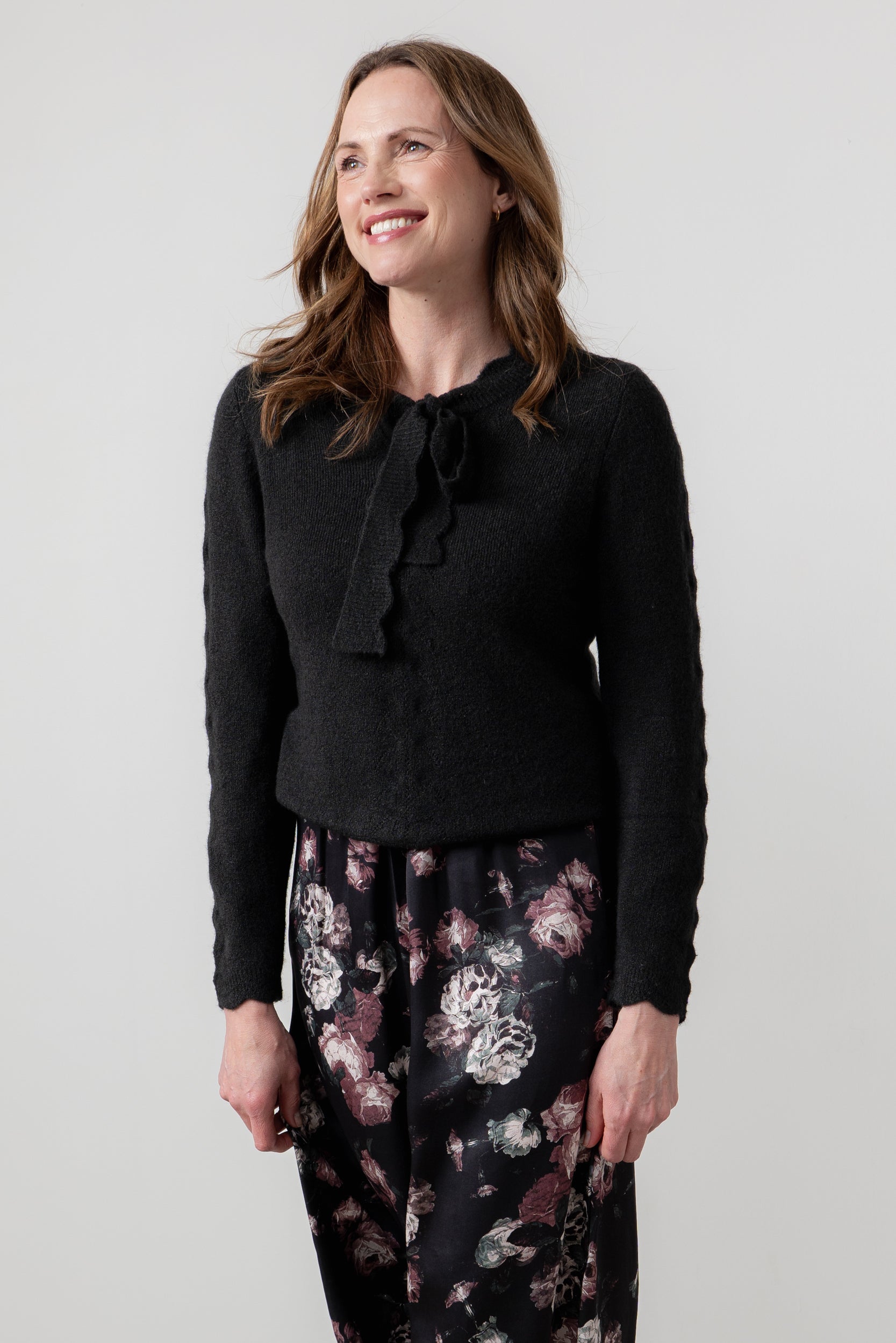 Lily & Me Elise Tie Neck Pointelle Jumper Black