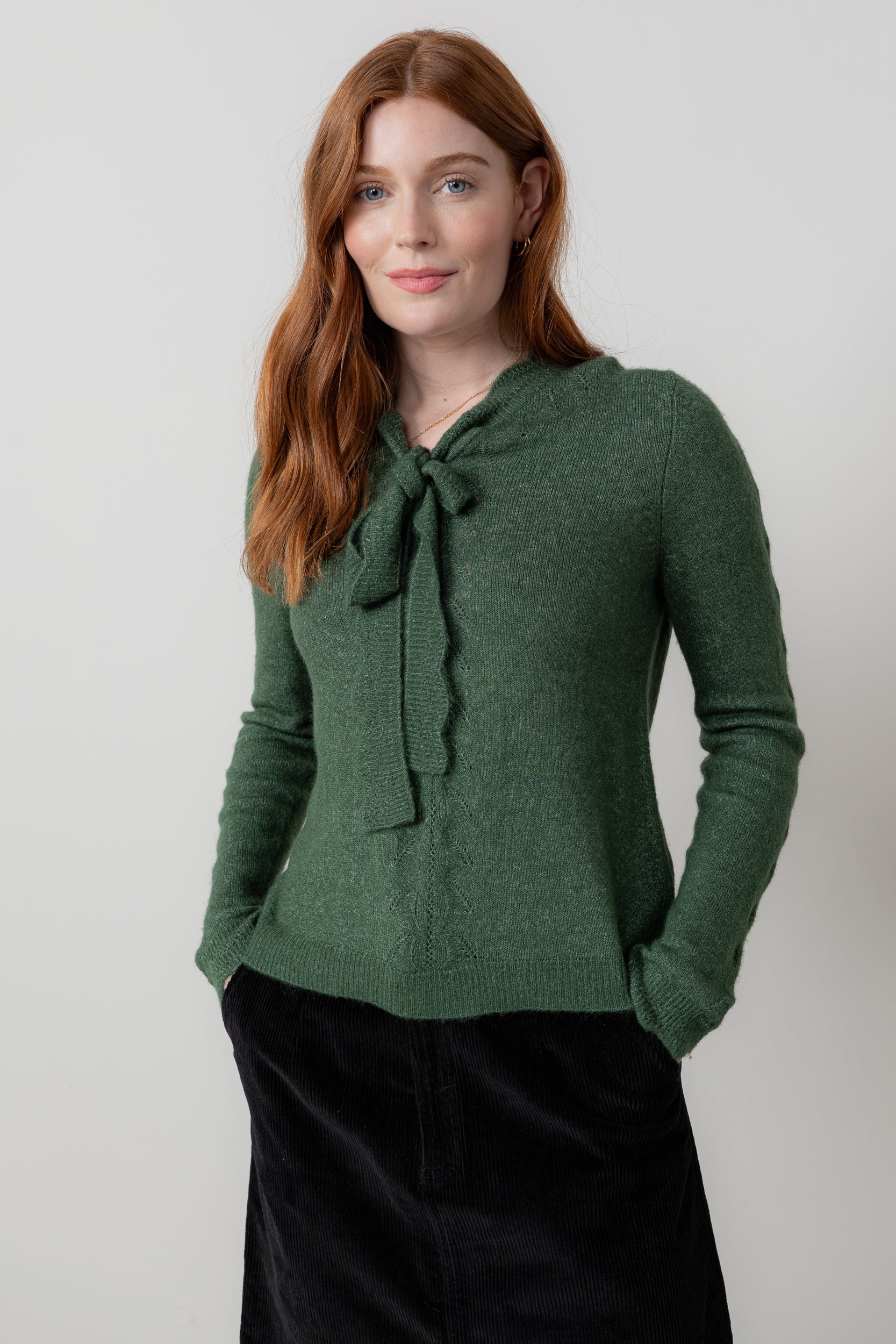 Lily & Me Elise Tie Neck Pointelle Jumper Pine Green