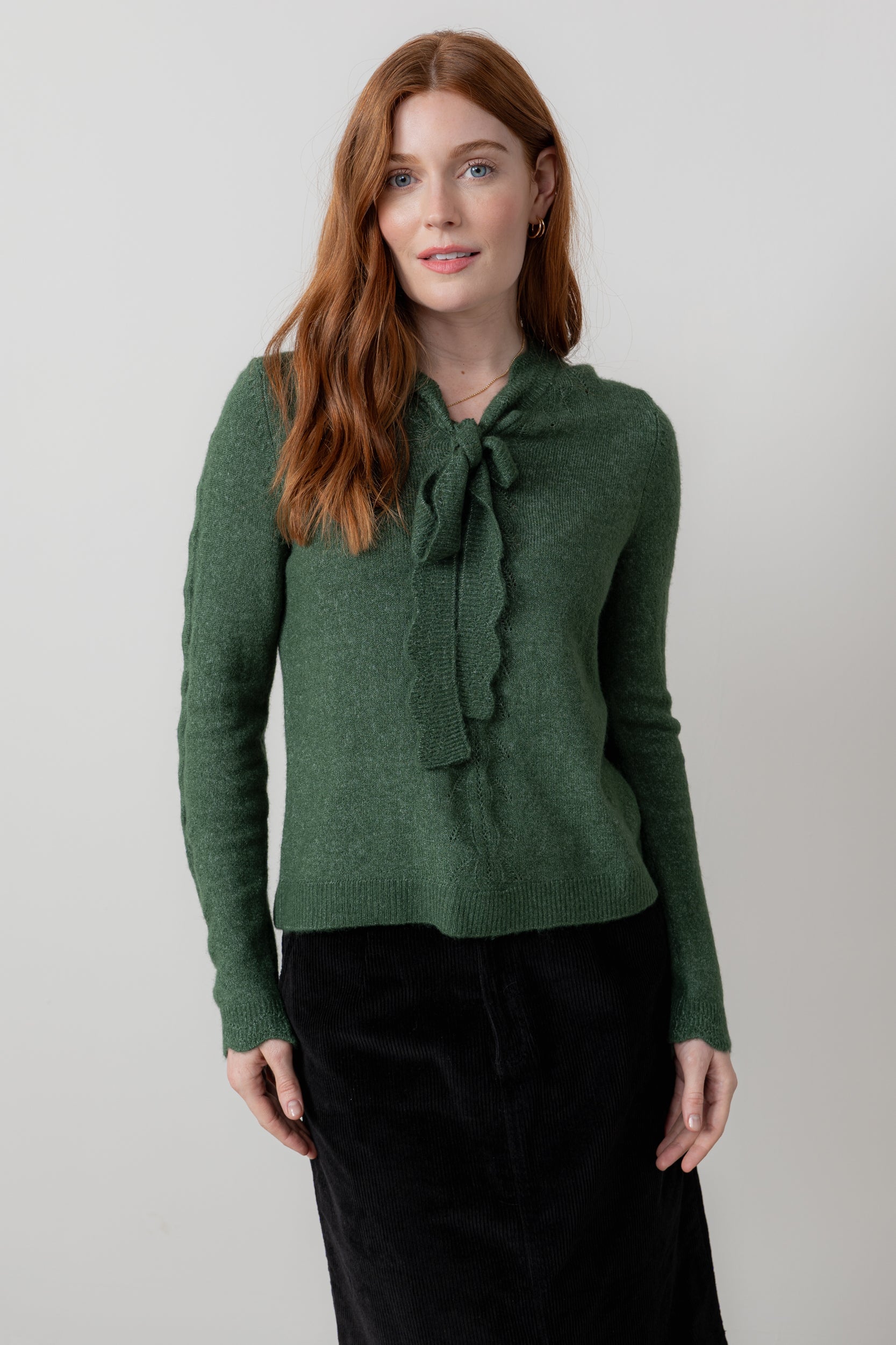 Lily & Me Elise Tie Neck Pointelle Jumper Pine Green