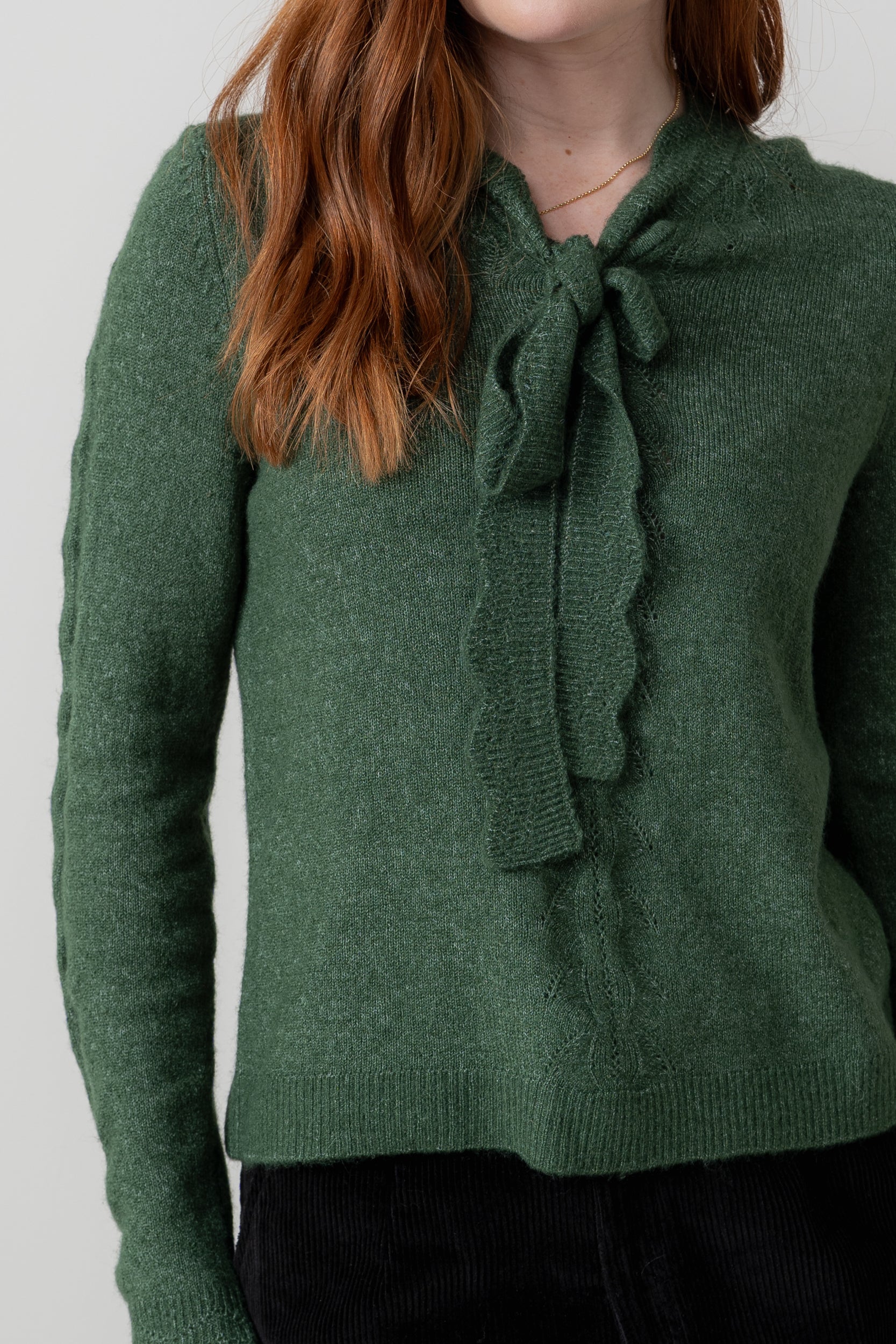 Lily & Me Elise Tie Neck Pointelle Jumper Pine Green