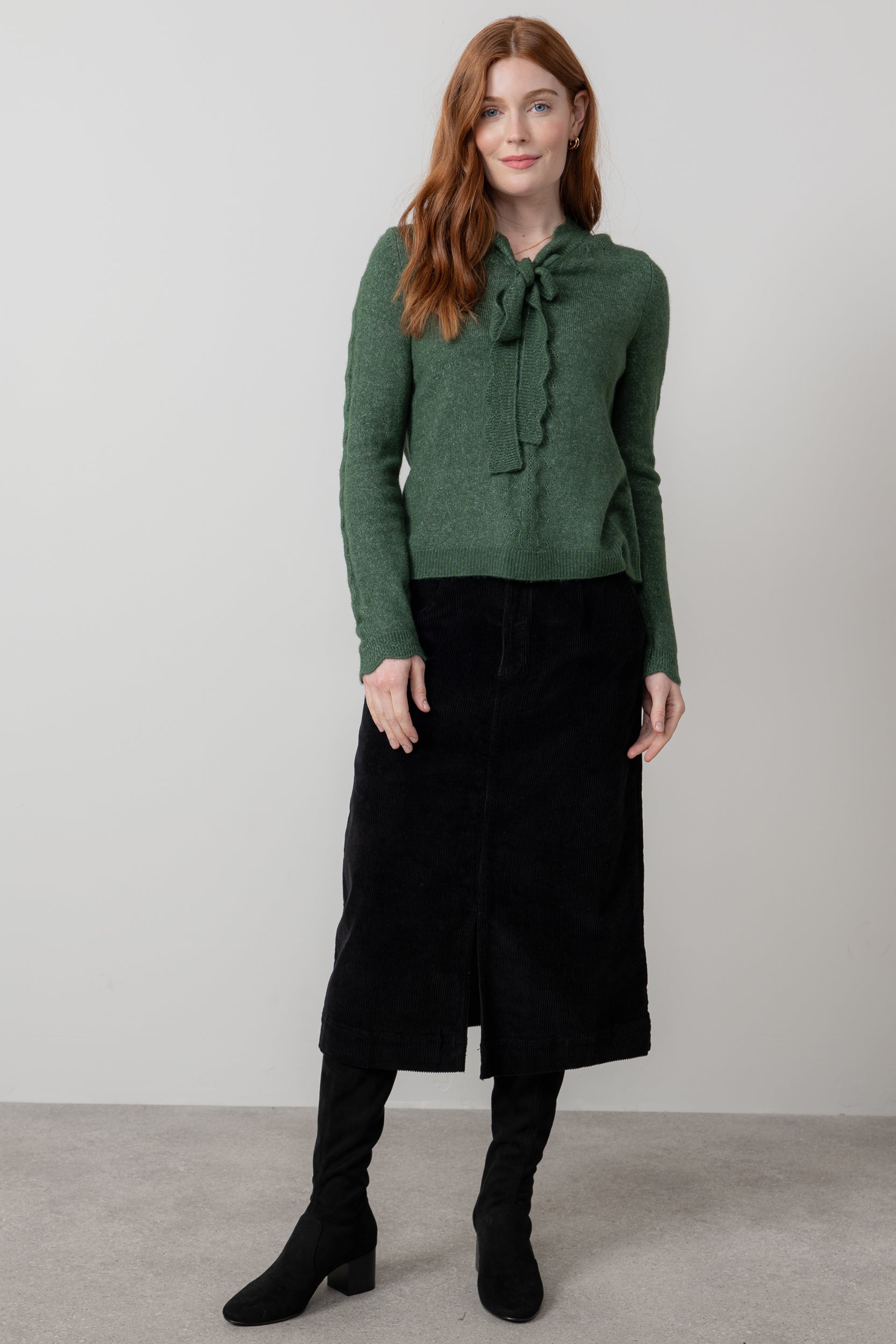 Lily & Me Elise Tie Neck Pointelle Jumper Pine Green