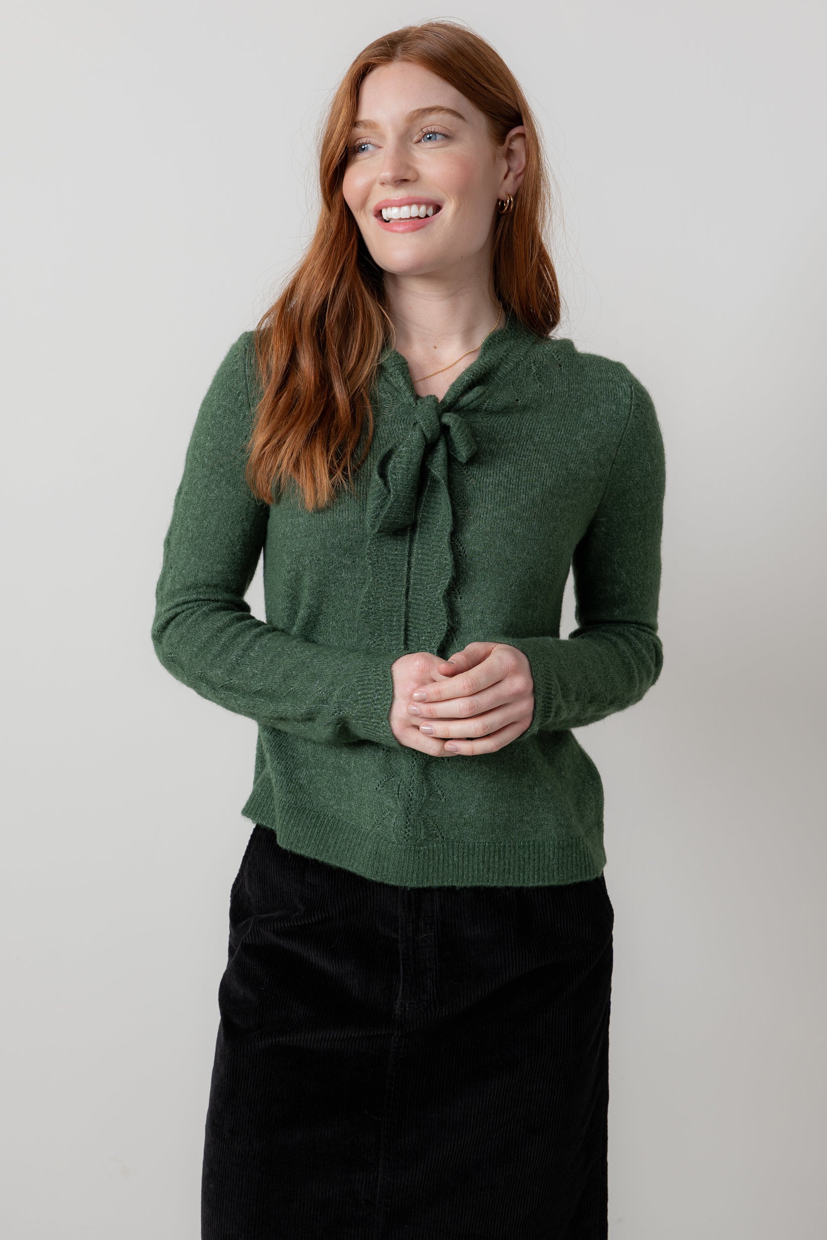 Lily & Me Elise Tie Neck Pointelle Jumper Pine Green