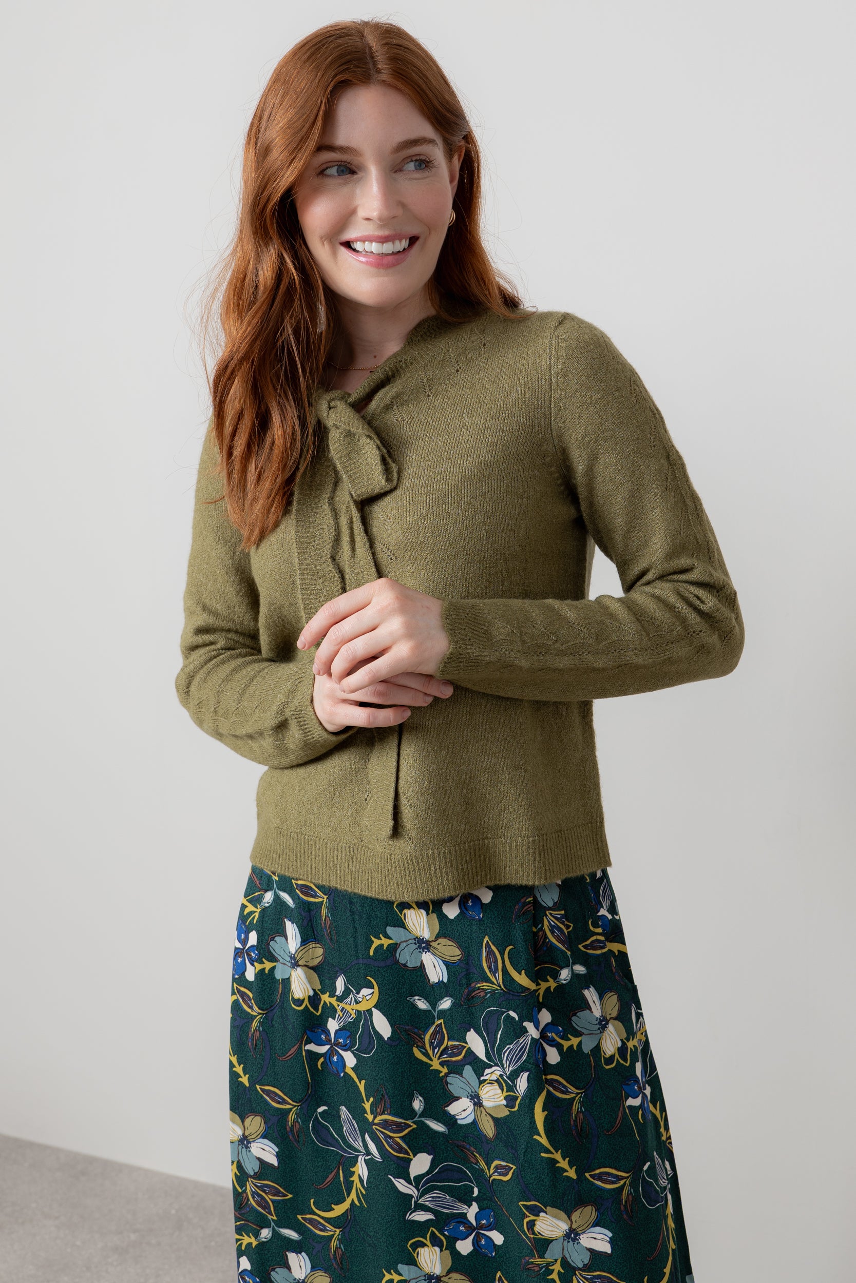 Lily & Me Elise Tie Neck Pointelle Jumper Moss