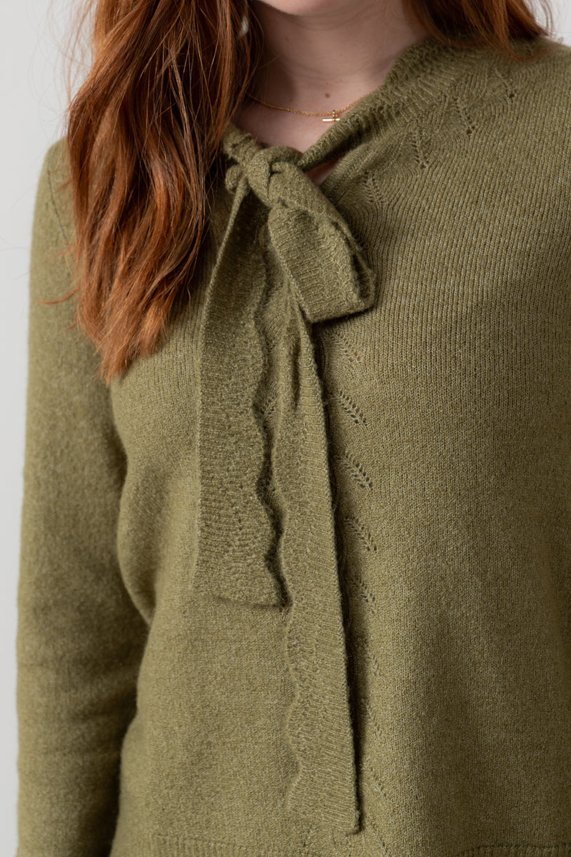 Lily & Me Elise Tie Neck Pointelle Jumper Moss