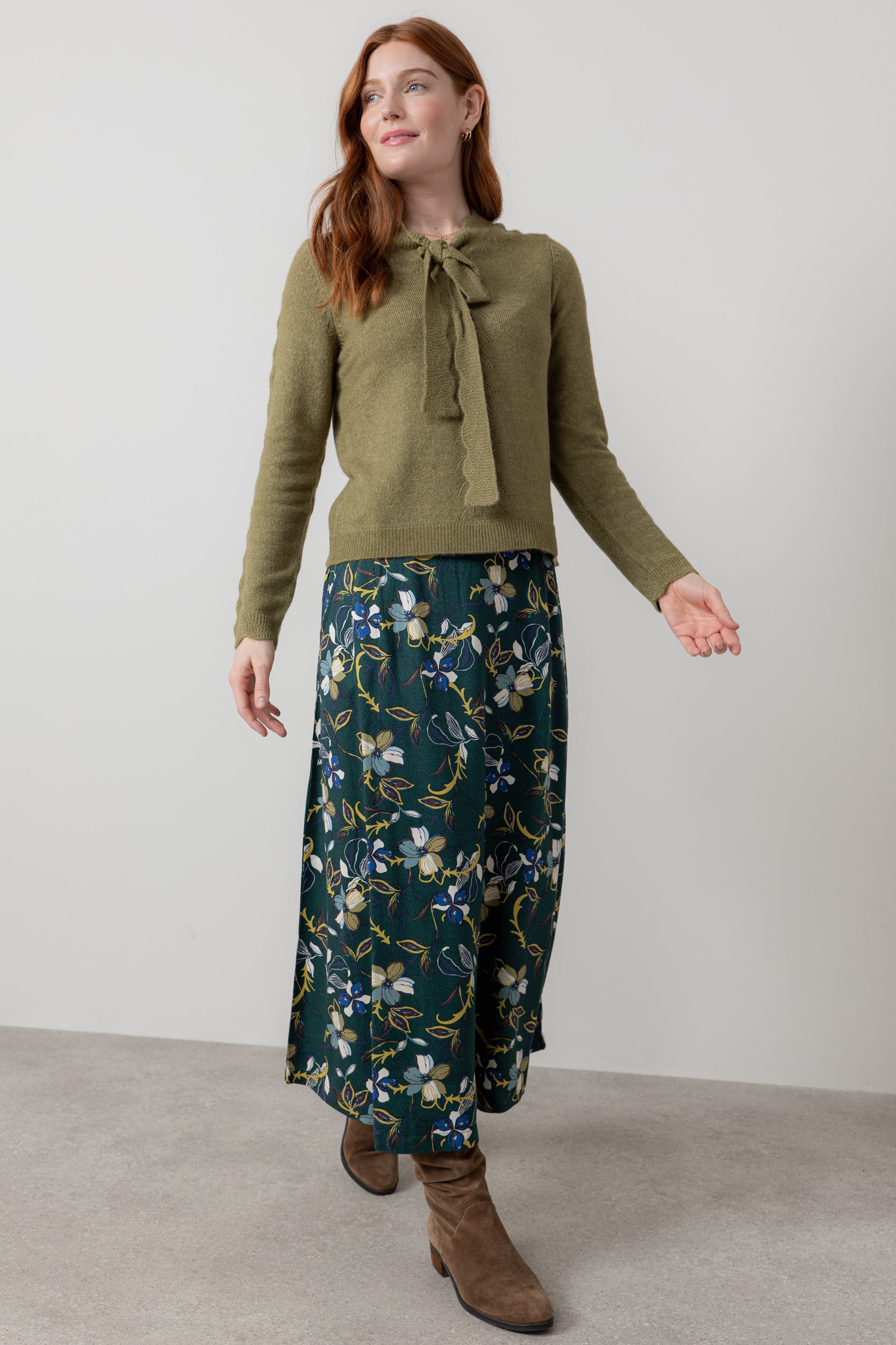 Lily & Me Elise Tie Neck Pointelle Jumper Moss