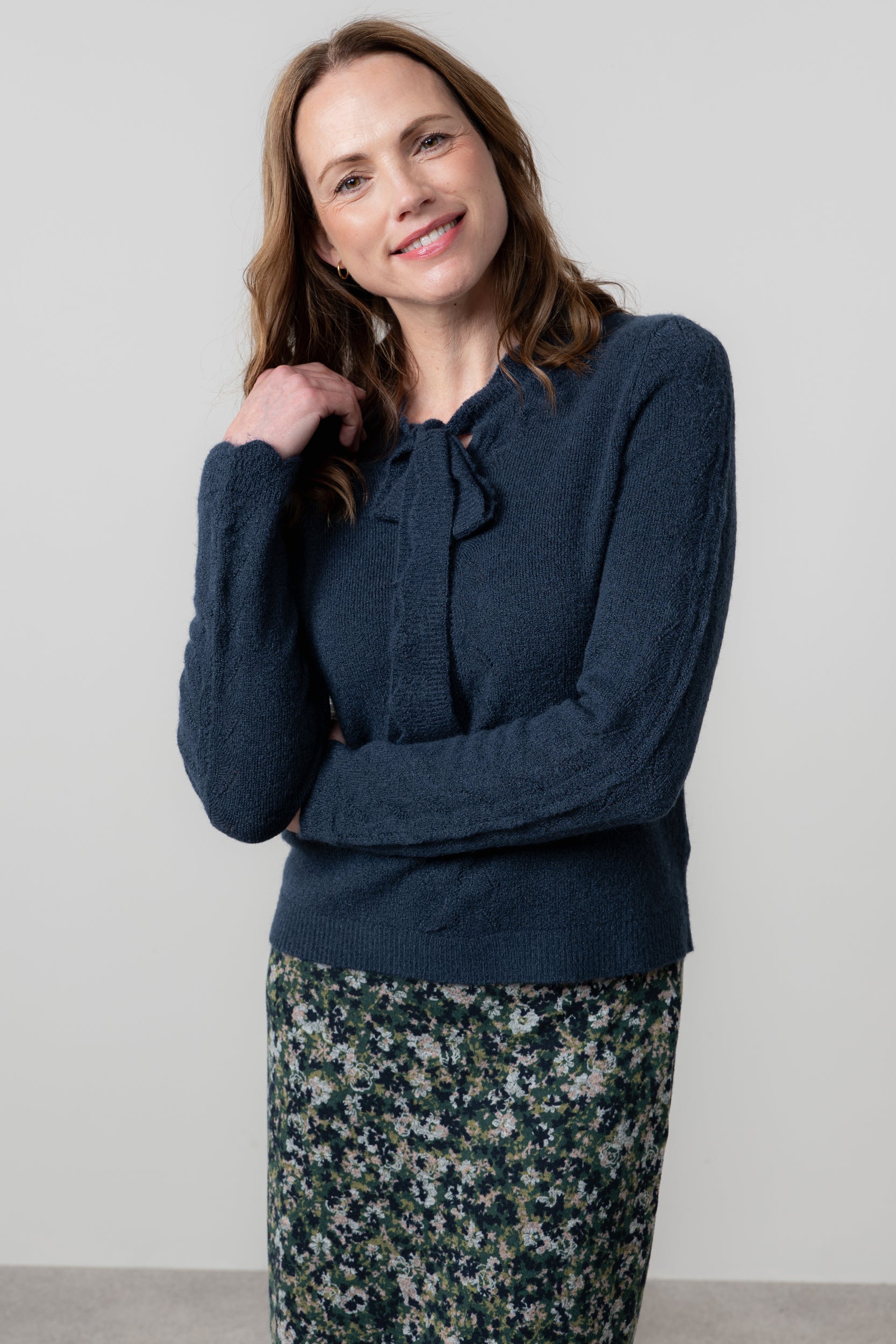 Lily & Me Elise Tie Neck Pointelle Jumper Navy