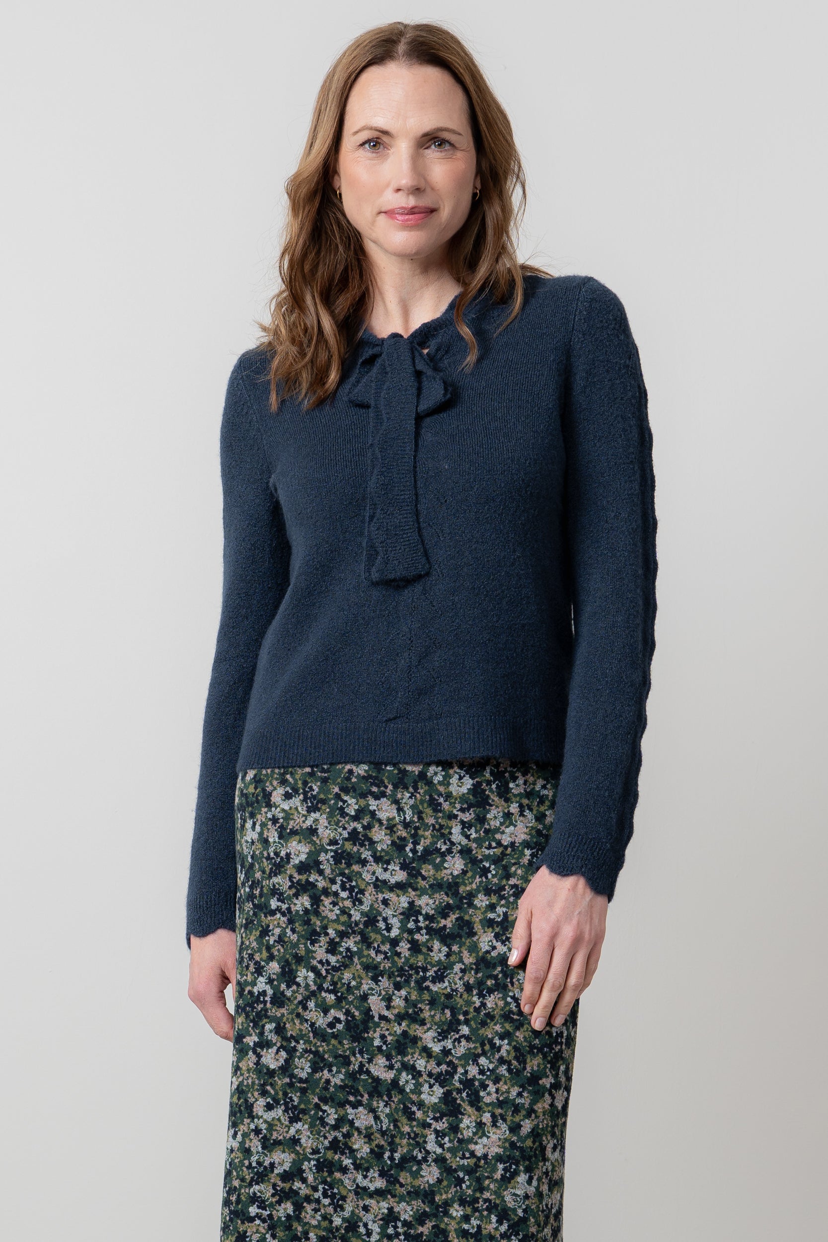 Lily & Me Elise Tie Neck Pointelle Jumper Navy