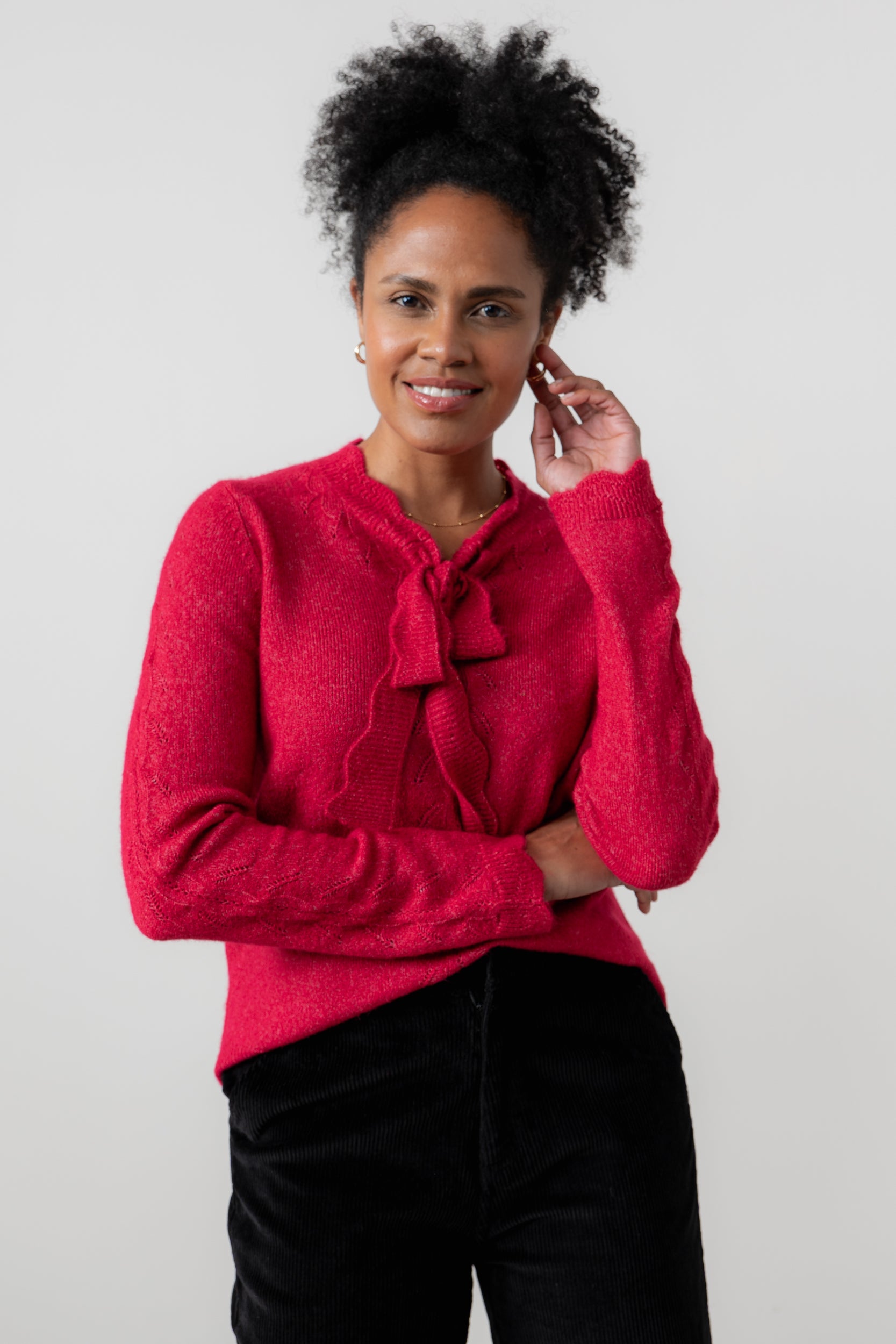 Lily & Me Elise Tie Neck Pointelle Jumper Scarlet