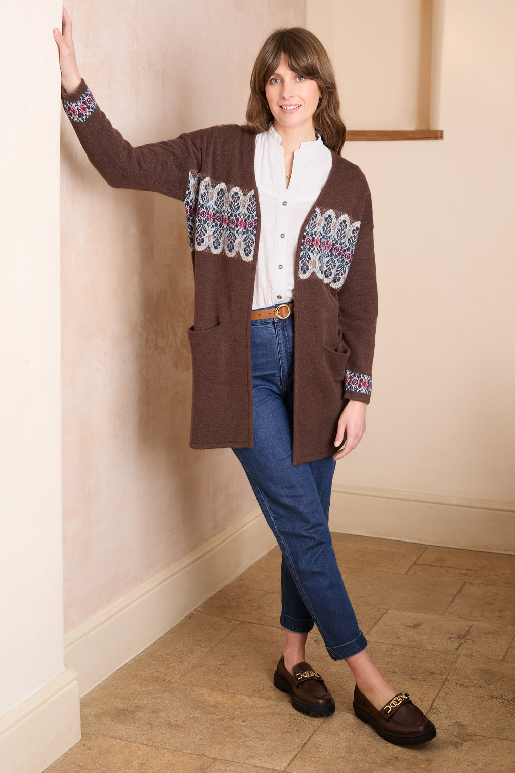 Lily & Me Isle Longline Fair Isle Knit Cardigan Chocolate
