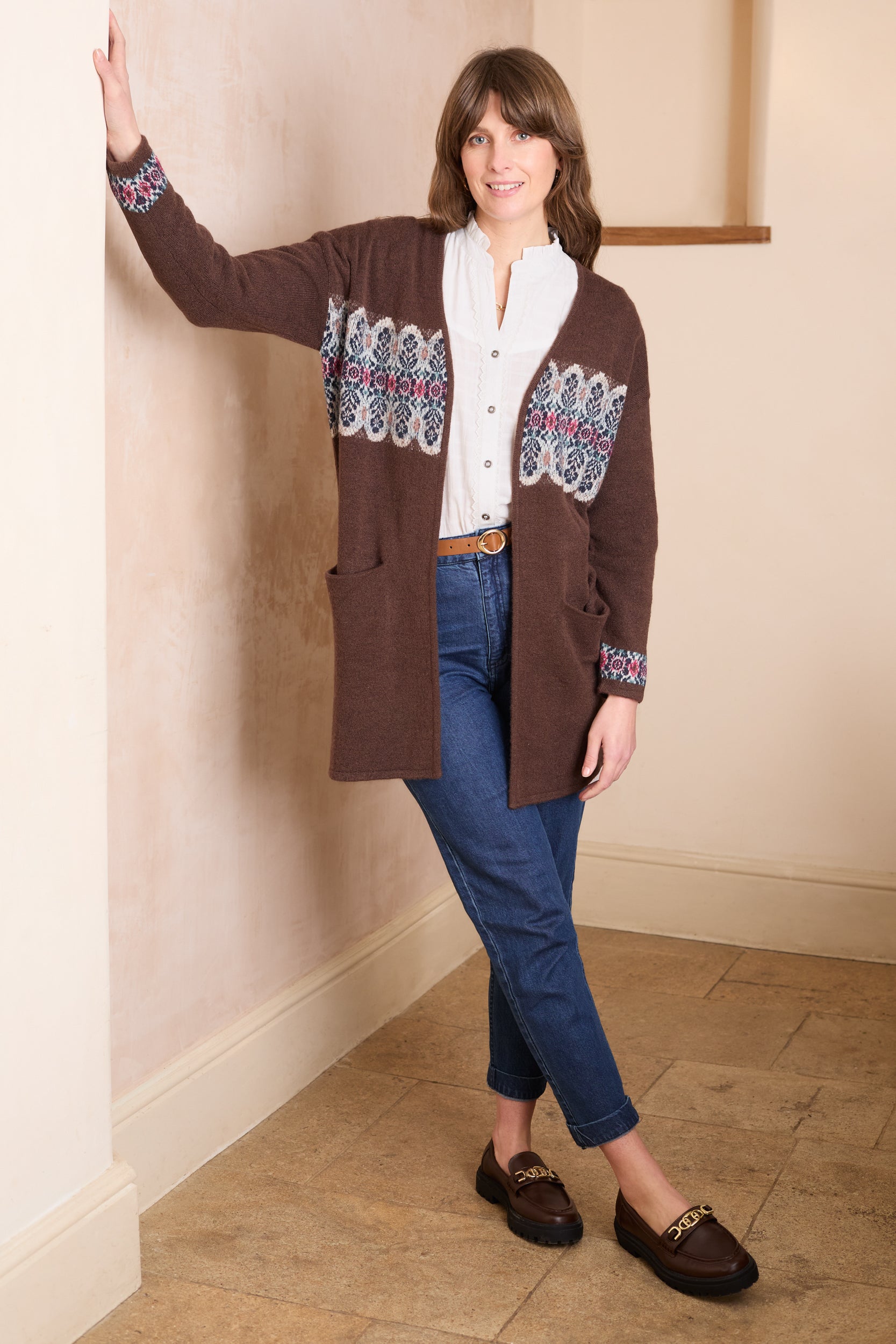Lily & Me Isle Longline Fair Isle Knit Cardigan Chocolate