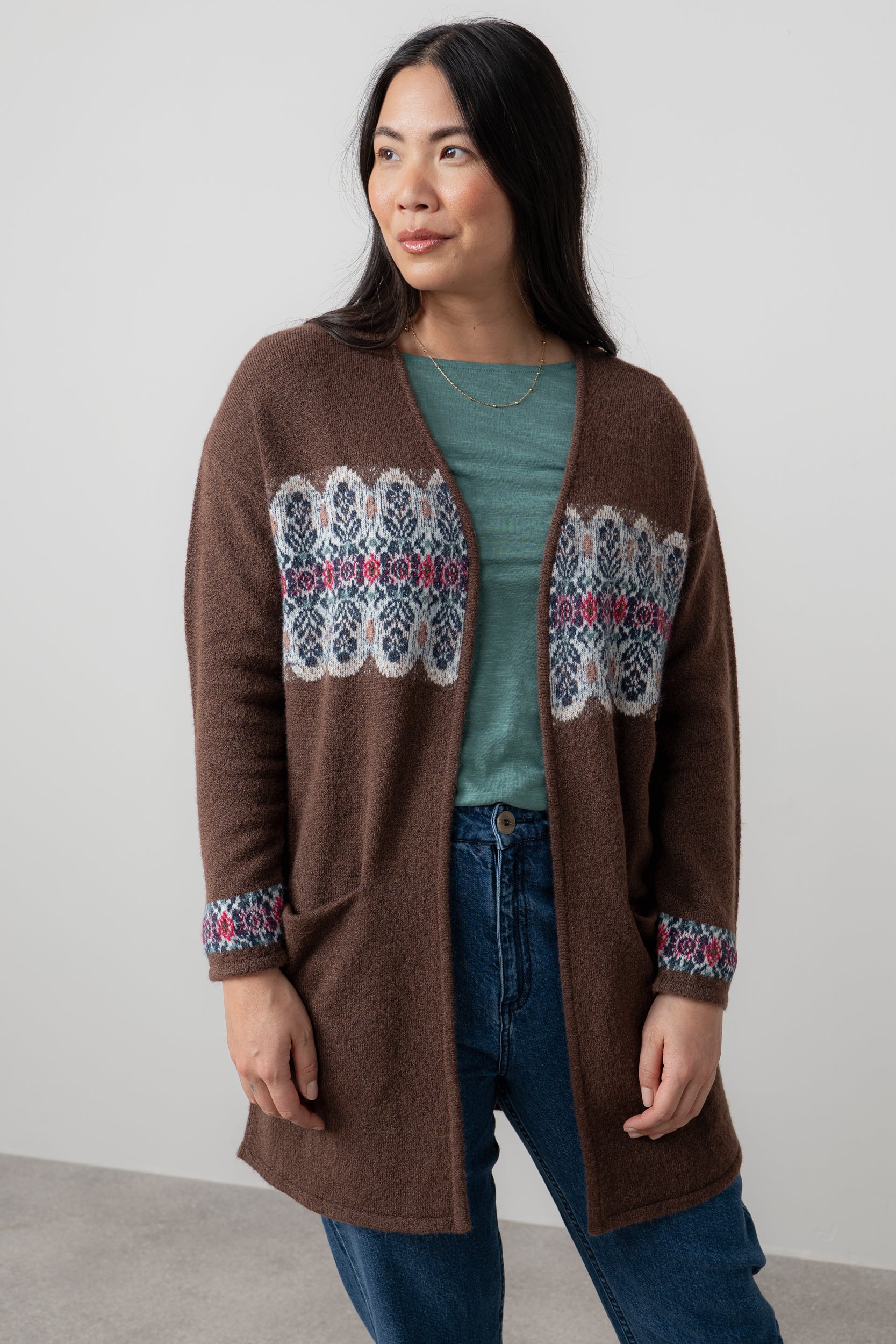 Lily & Me Isle Longline Fair Isle Knit Cardigan Chocolate