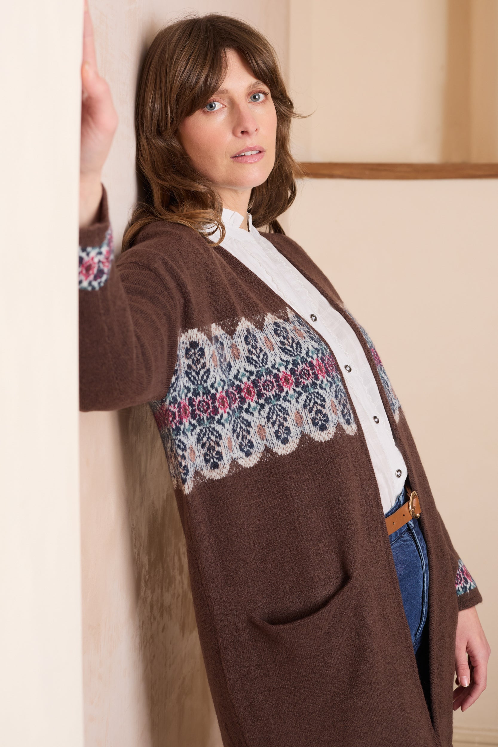 Lily & Me Isle Longline Fair Isle Knit Cardigan Chocolate