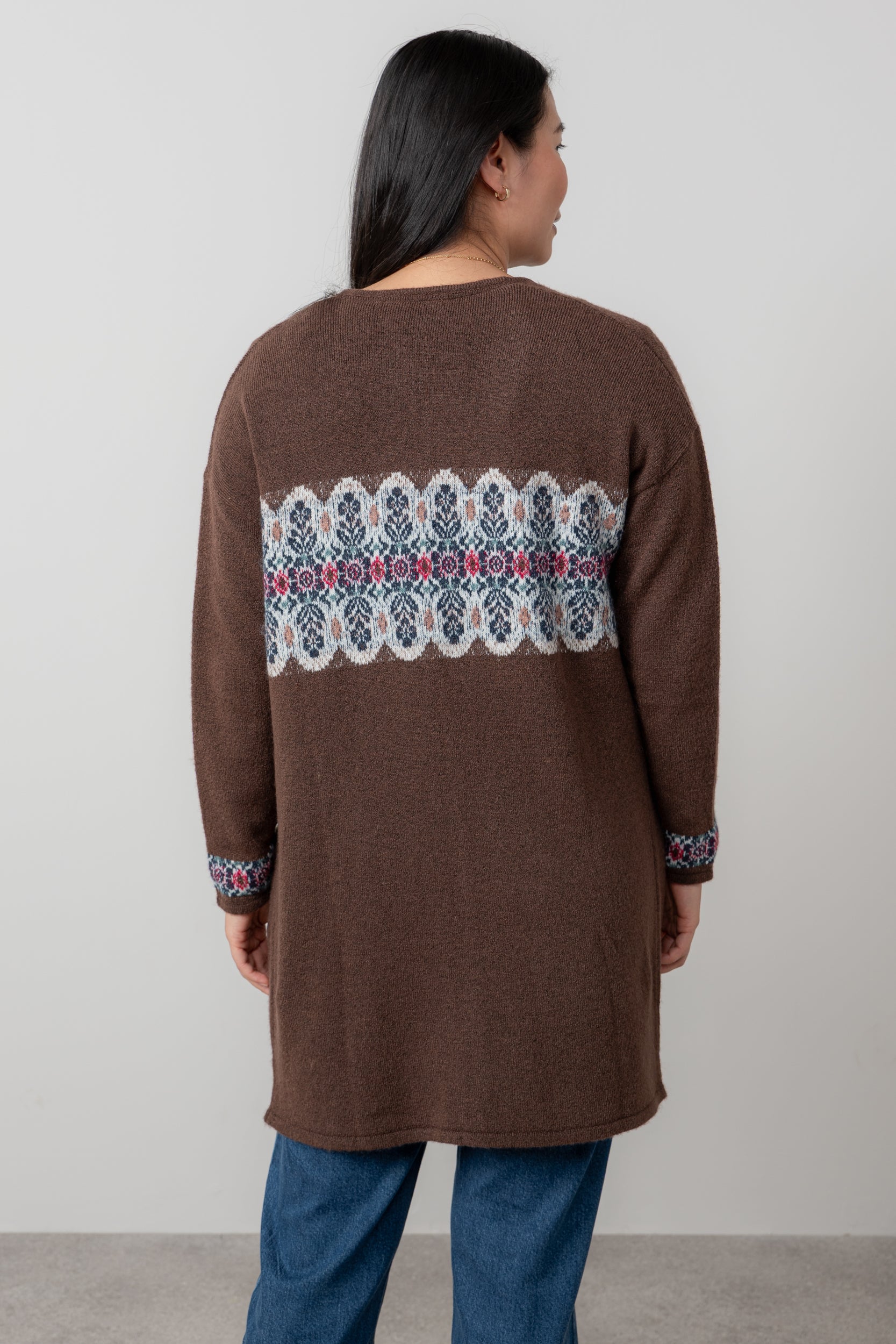 Lily & Me Isle Longline Fair Isle Knit Cardigan Chocolate