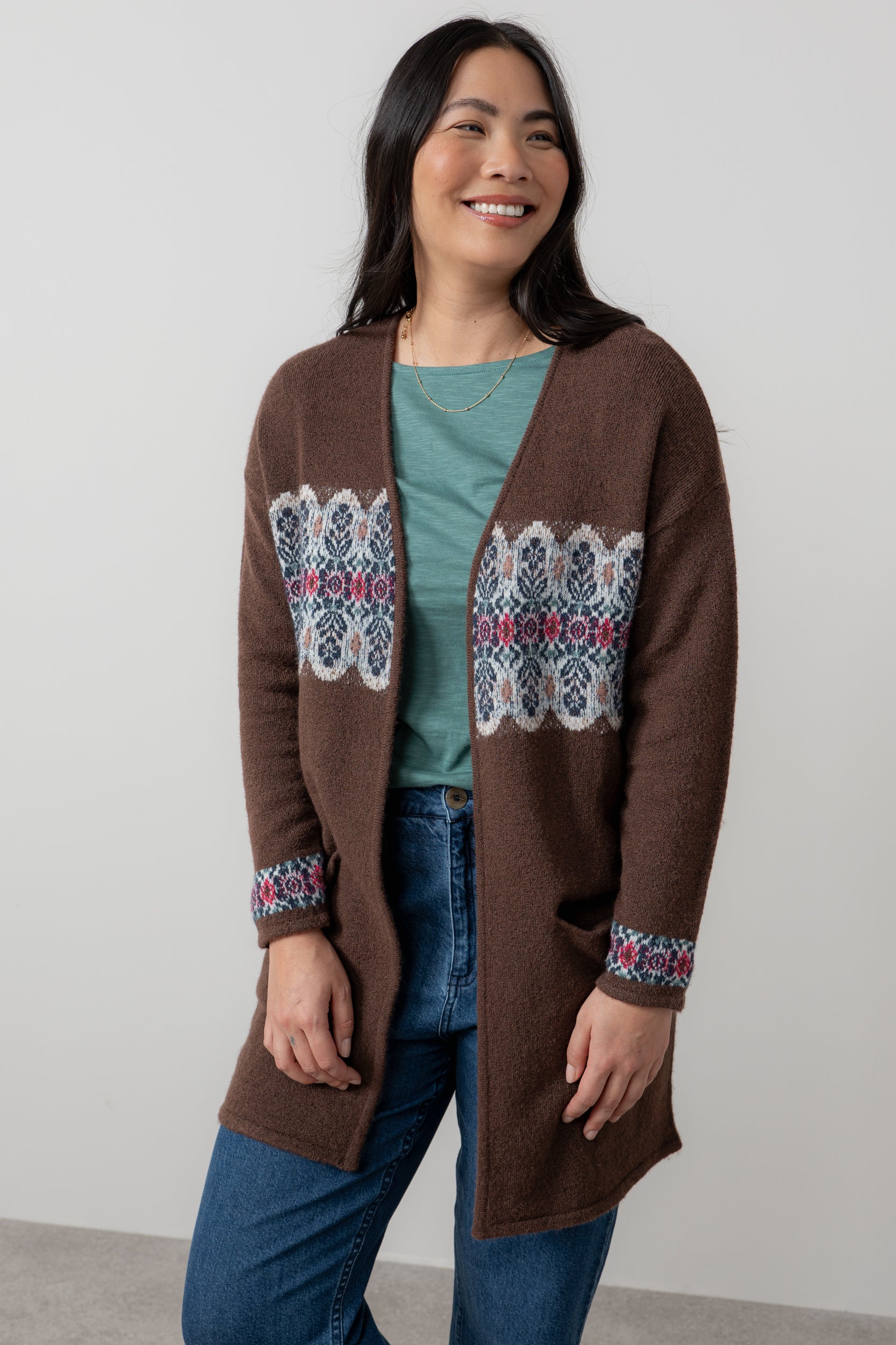 Lily & Me Isle Longline Fair Isle Knit Cardigan Chocolate
