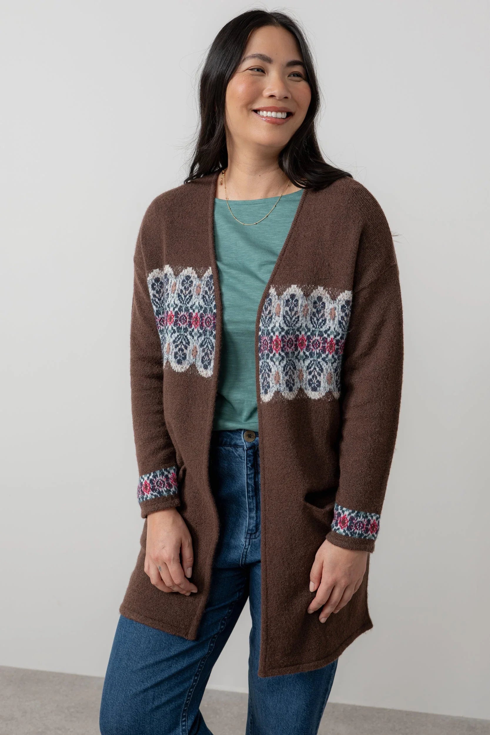 Lily & Me Isle Longline Fair Isle Knit Cardigan Chocolate