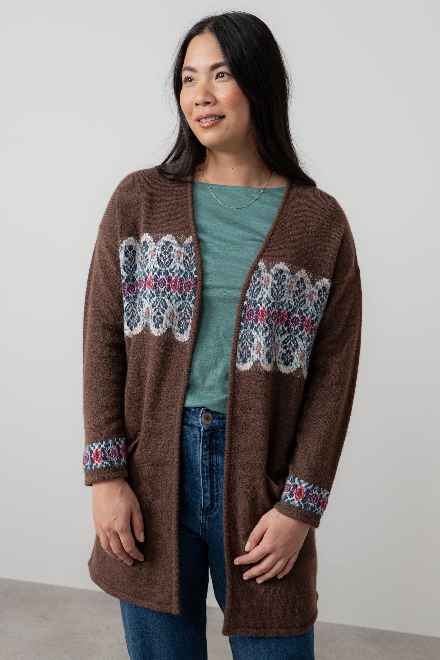 Lily & Me Isle Longline Fair Isle Knit Cardigan Chocolate