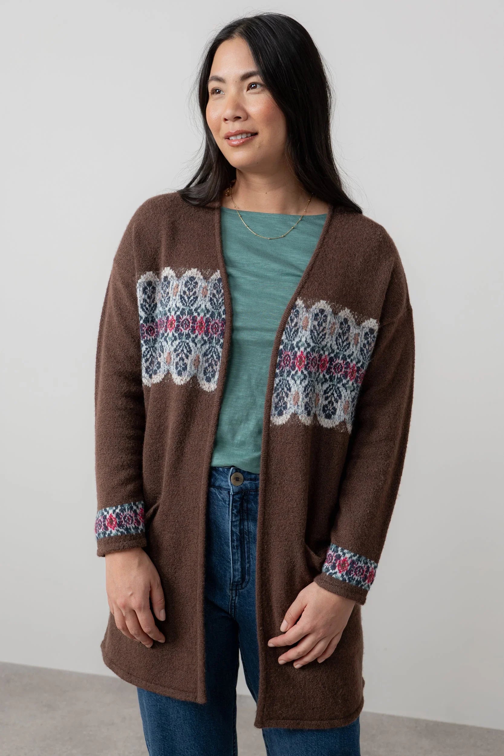 Lily & Me Isle Longline Fair Isle Knit Cardigan Chocolate