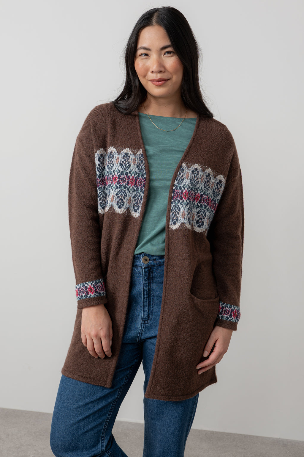 Lily & Me Isle Longline Fair Isle Knit Cardigan Chocolate