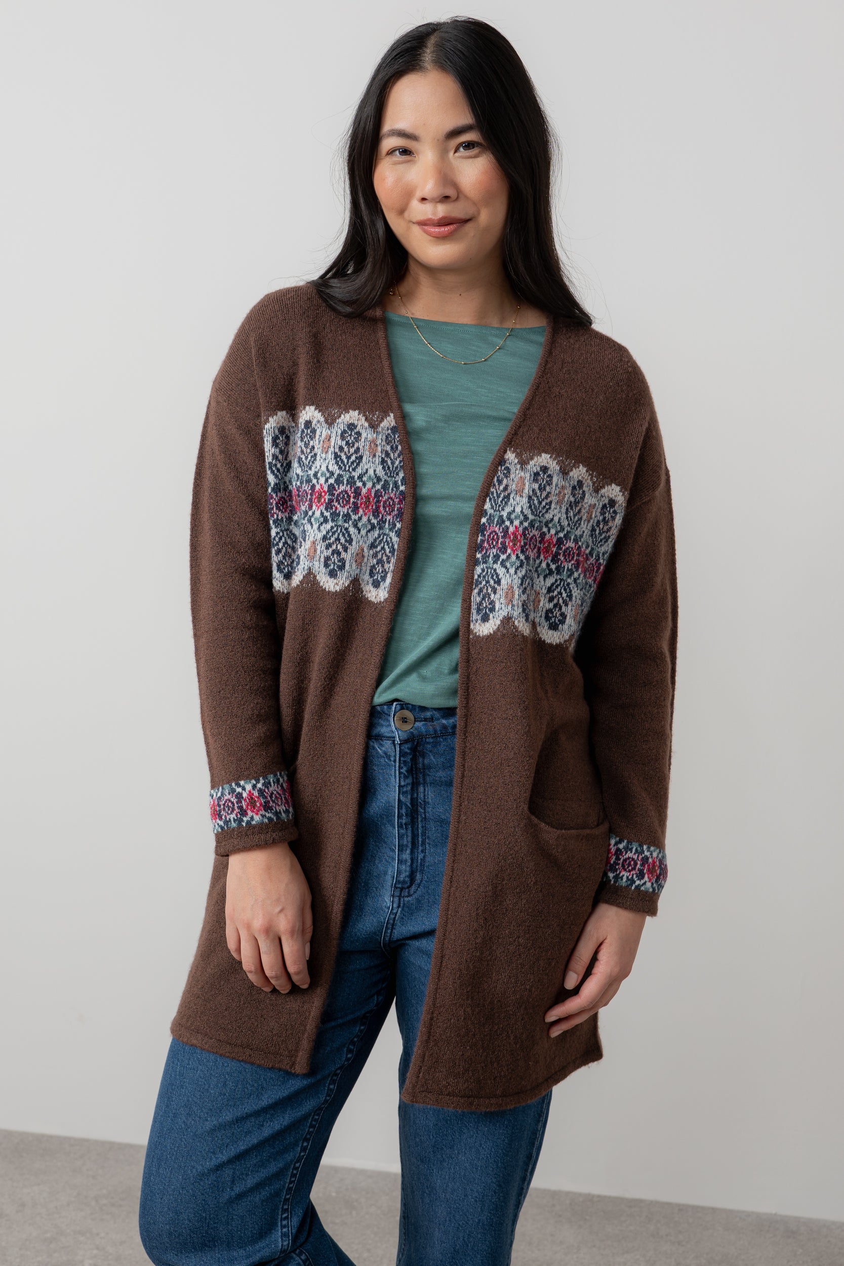 Lily & Me Isle Longline Fair Isle Knit Cardigan Chocolate