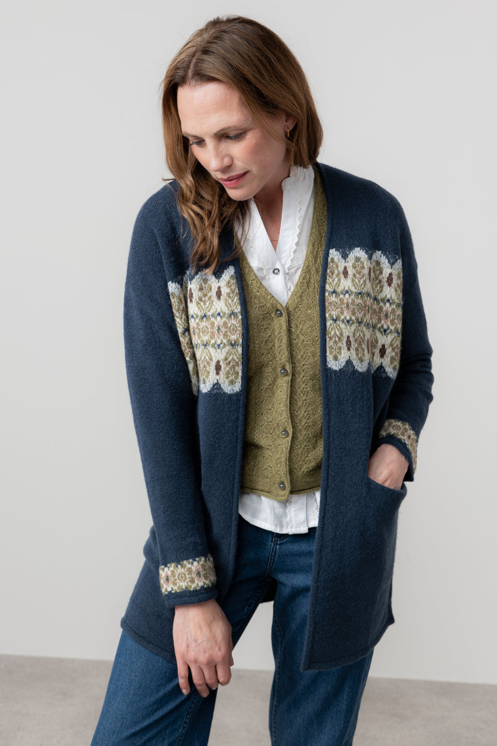 Lily & Me Isle Longline Fair Isle Knit Cardigan Navy