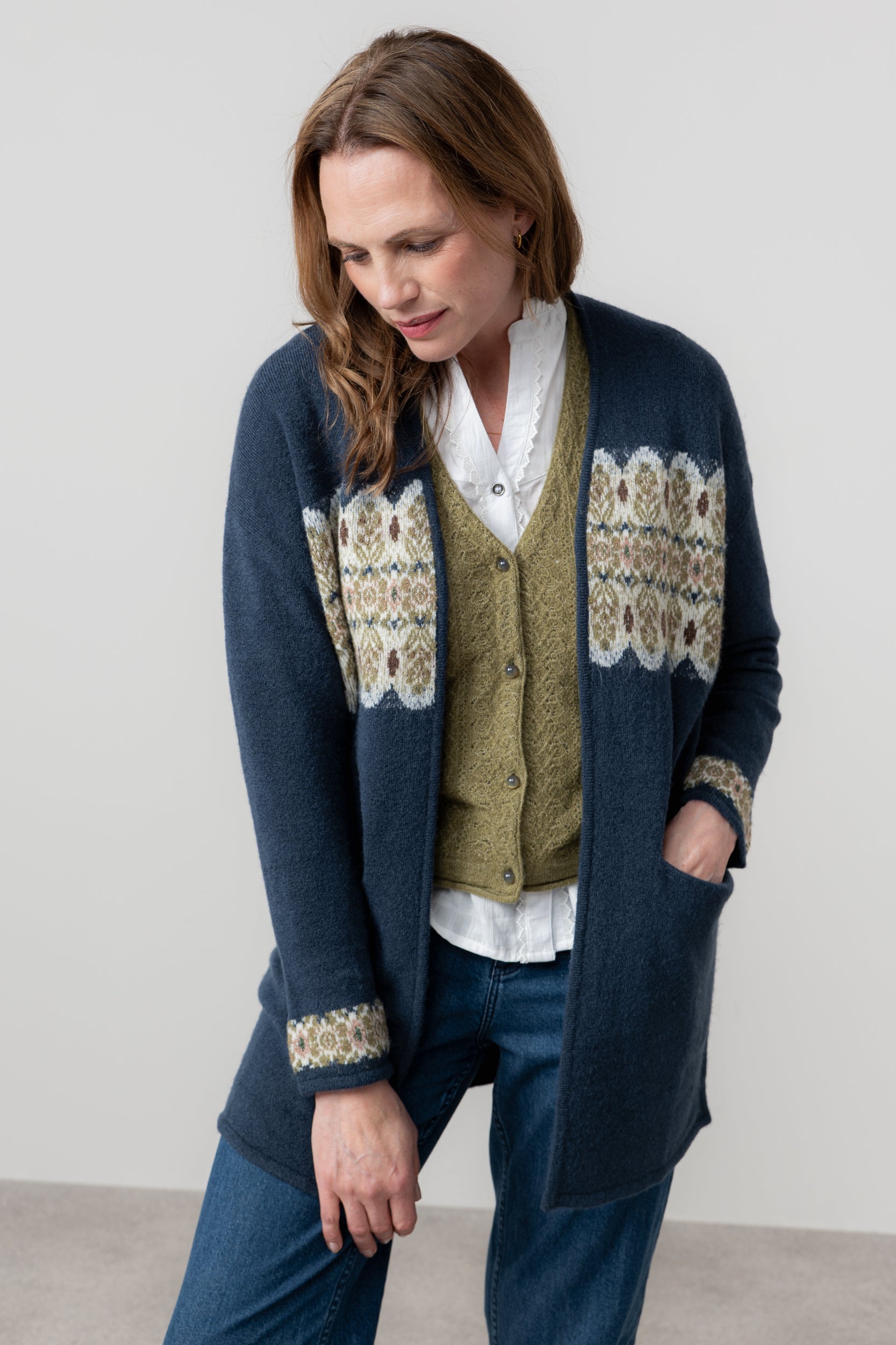 Lily & Me Isle Longline Fair Isle Knit Cardigan Navy